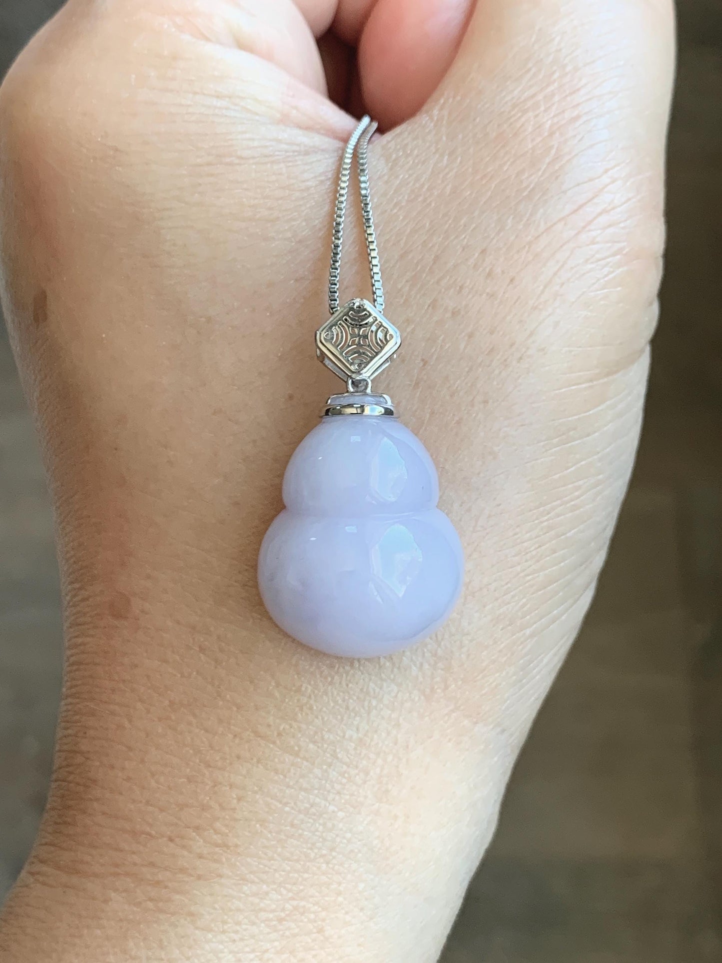 Certified Natural Grade A Icy Translucent Gelatinous Light Purple Jadeite Large Gourd Hulu Pendant 14K White Gold 8.28g 天然冰淡紫翡翠葫芦镶嵌吊坠 9451