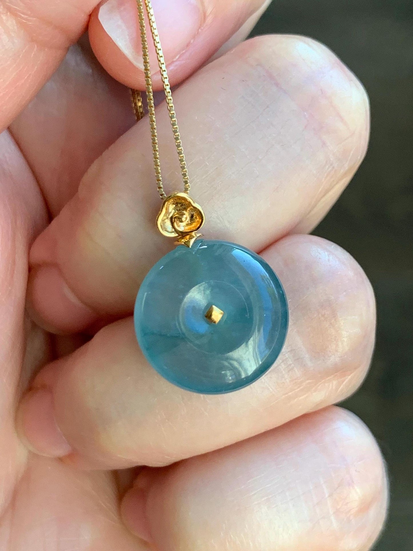 Certified Natural Grade A Guatemalan Icy Highly Translucent Teal Blue Jadeite Ping An Kou Donut Pendant 14K Yellow Gold 天然冰危蓝平安扣镶嵌吊坠 9455