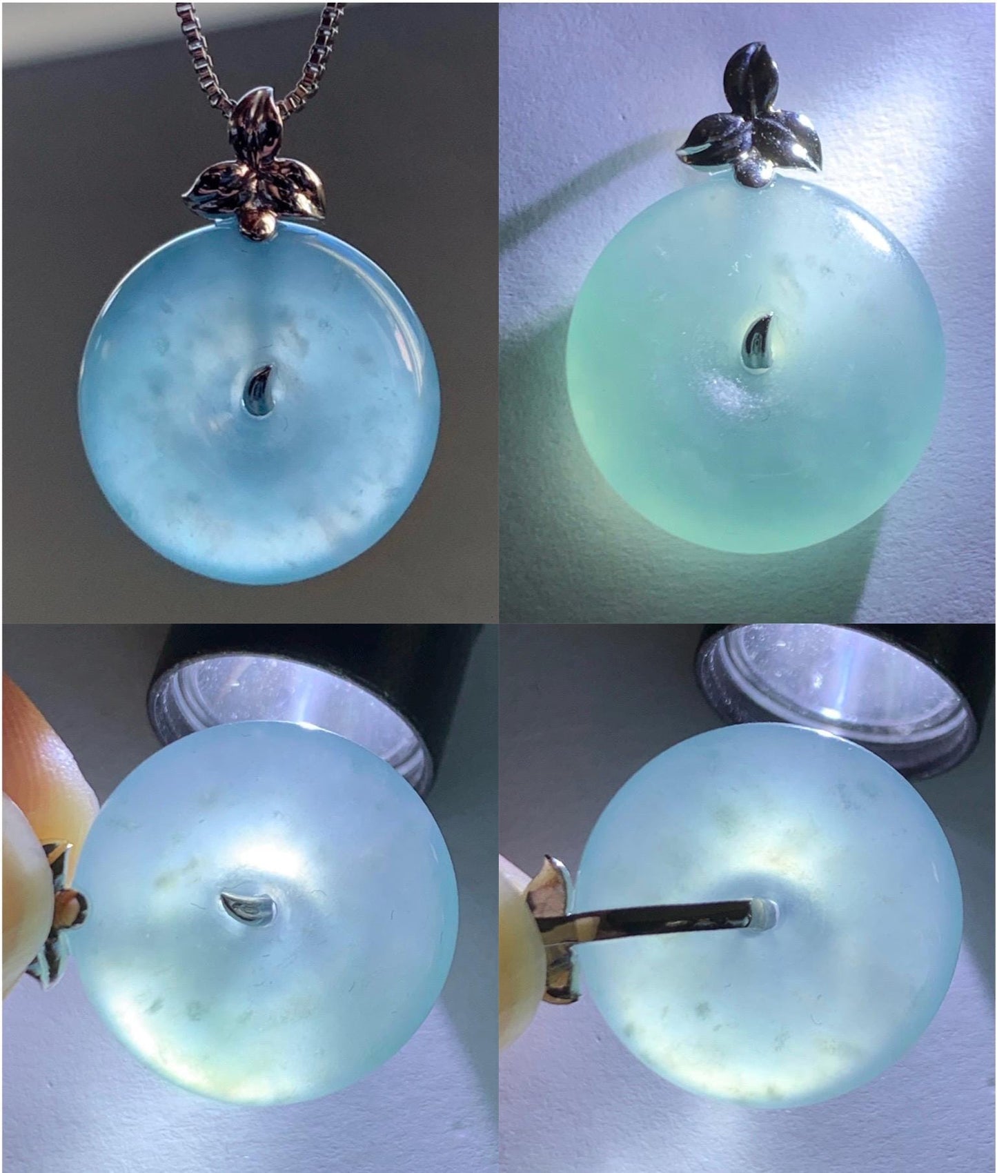 Certified Natural Guatemalan Icy Highly Translucent Light Teal Blue Jadeite Ping An Kou Donut Pendant 14K White Gold 天然冰危浅蓝绿平安扣镶嵌吊坠 9456