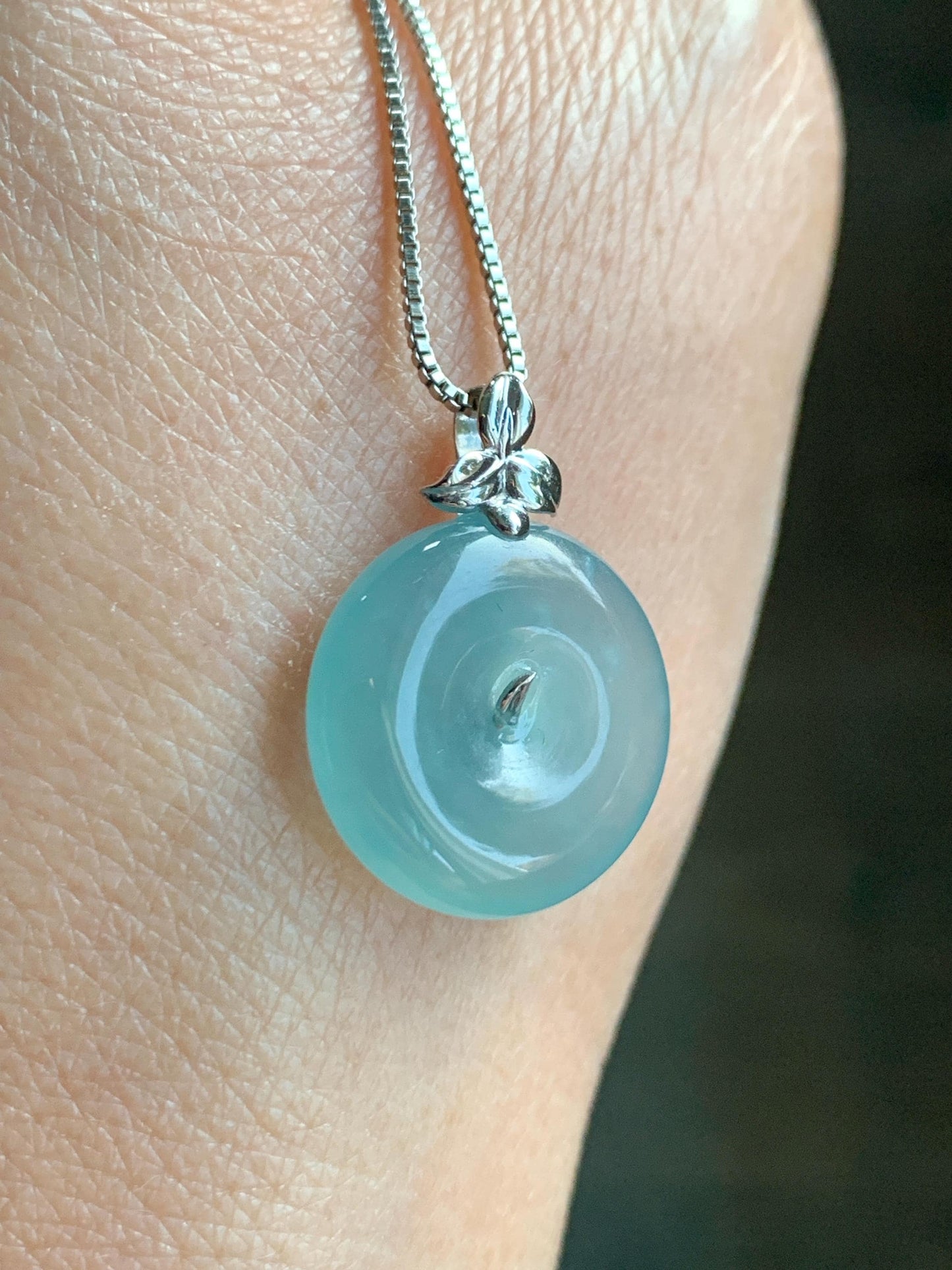 Certified Natural Guatemalan Icy Highly Translucent Light Teal Blue Jadeite Ping An Kou Donut Pendant 14K White Gold 天然冰危浅蓝绿平安扣镶嵌吊坠 9456