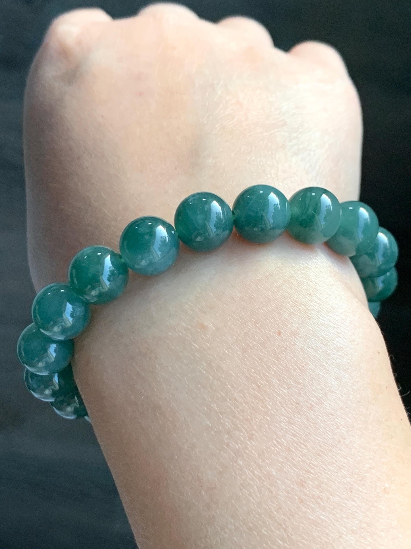 Natural Grade A Guatemalan Icy Translucent Dark Teal Green Jade Jadeite Beaded Bracelet Stretchy 9.9mm 7.25” 32g 天然冰危深蓝绿翡翠圆珠手串 SWL120