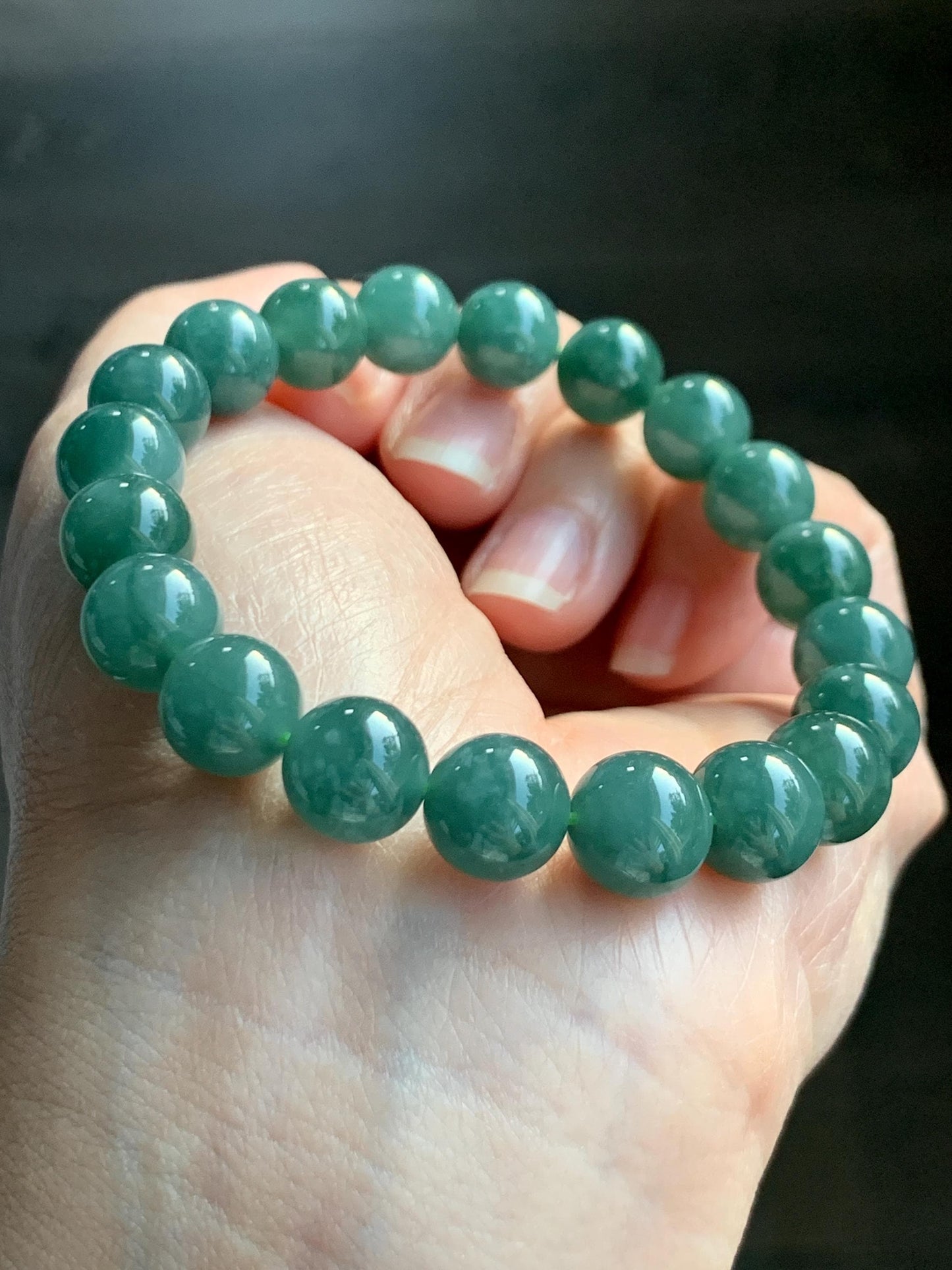 Natural Grade A Guatemalan Icy Translucent Dark Teal Green Jade Jadeite Beaded Bracelet Stretchy 9.9mm 7.25” 32g 天然冰危深蓝绿翡翠圆珠手串 SWL120