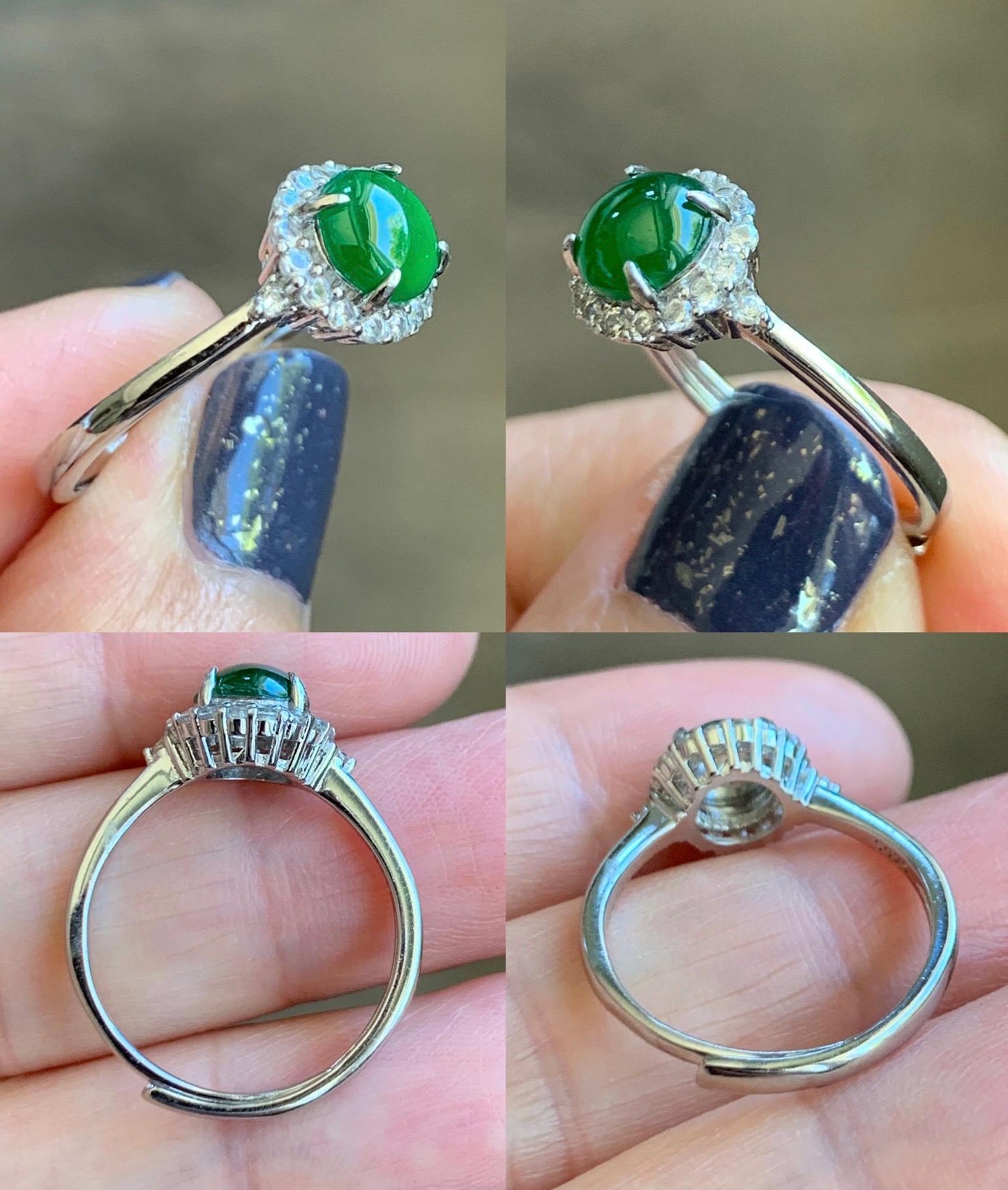 Natural Grade A Guatemalan Icy Translucent Vibrant Green Jadeite Halo Style Ring Sterling Silver Size Adjustable 天然冰危绿翡翠银镶戒指 WLH88