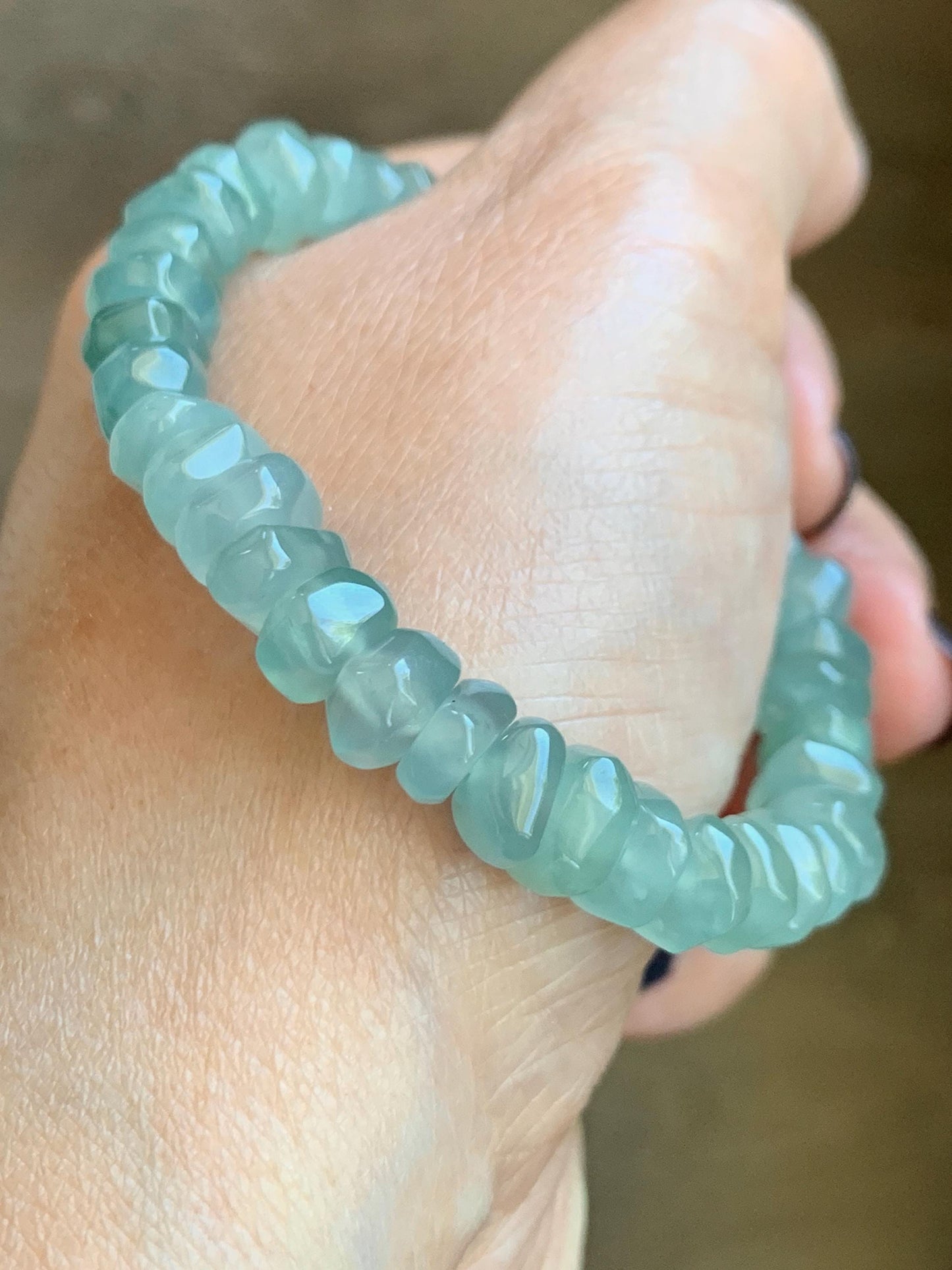 Natural Grade A Guatemalan Icy Highly Translucent Light Teal Jadeite Pomegranate Nugget Beads Beaded Bracelet 6.75” 天然冰危浅蓝绿翡翠随形珠手串 WSS350