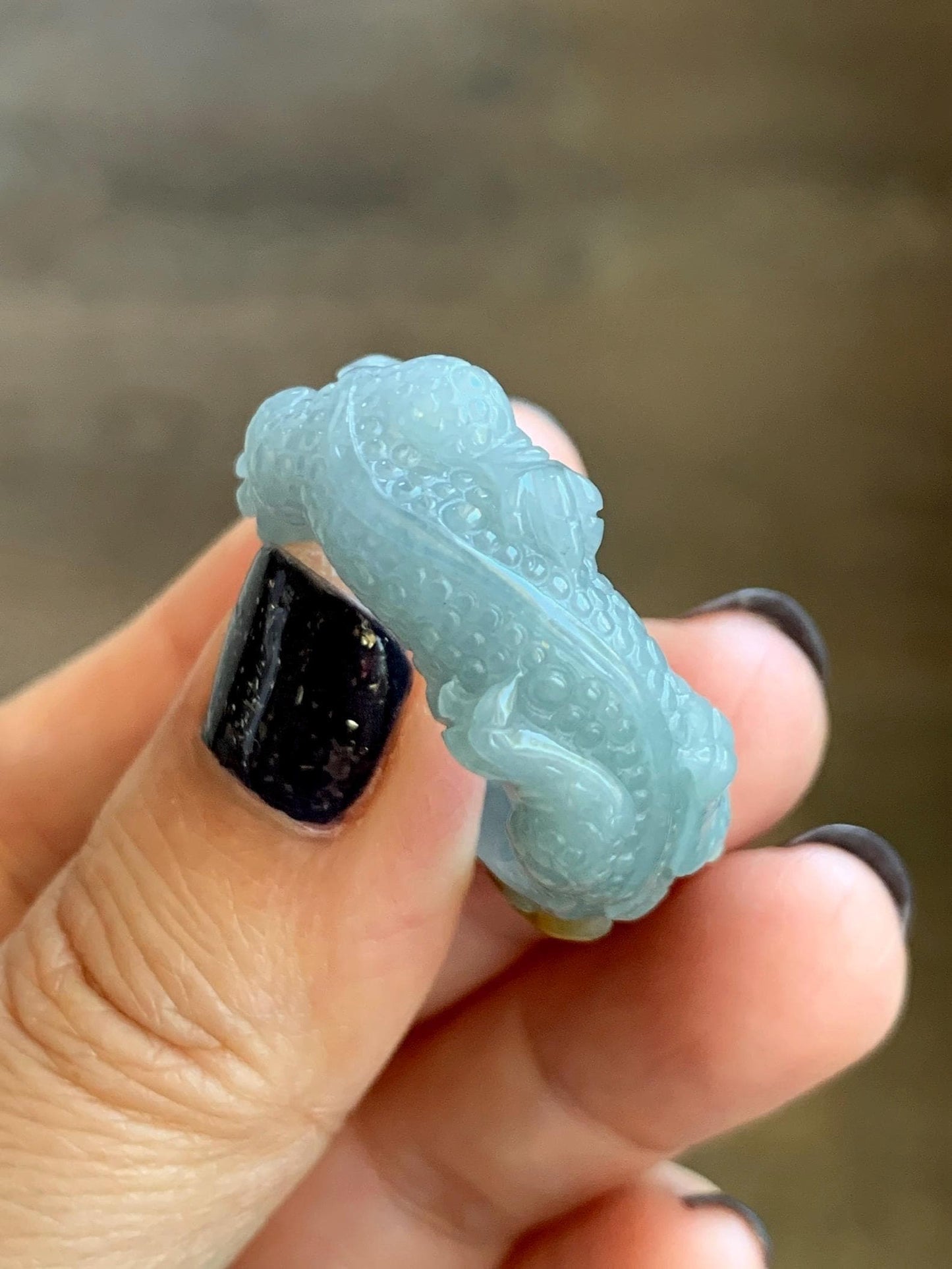 Natural Grade A Guatemalan Icy Translucent Dusty Blue Yellow Marbled Jadeite Carved Dragon Band Ring size 9.5 US 天然冰危浅蓝飘黄翡翠盘龙戒圈戒指扳指 TSW150