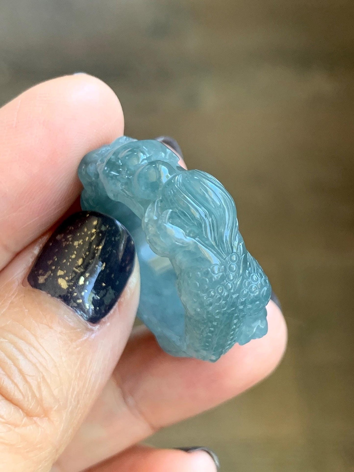 Natural Grade A Guatemalan Icy Translucent Dusty Teal Blue Jade Jadeite Carved Dragon Band Ring size 9.5 US 10g 天然冰胶危蓝翡翠盘龙戒圈戒指扳指 TSW563C