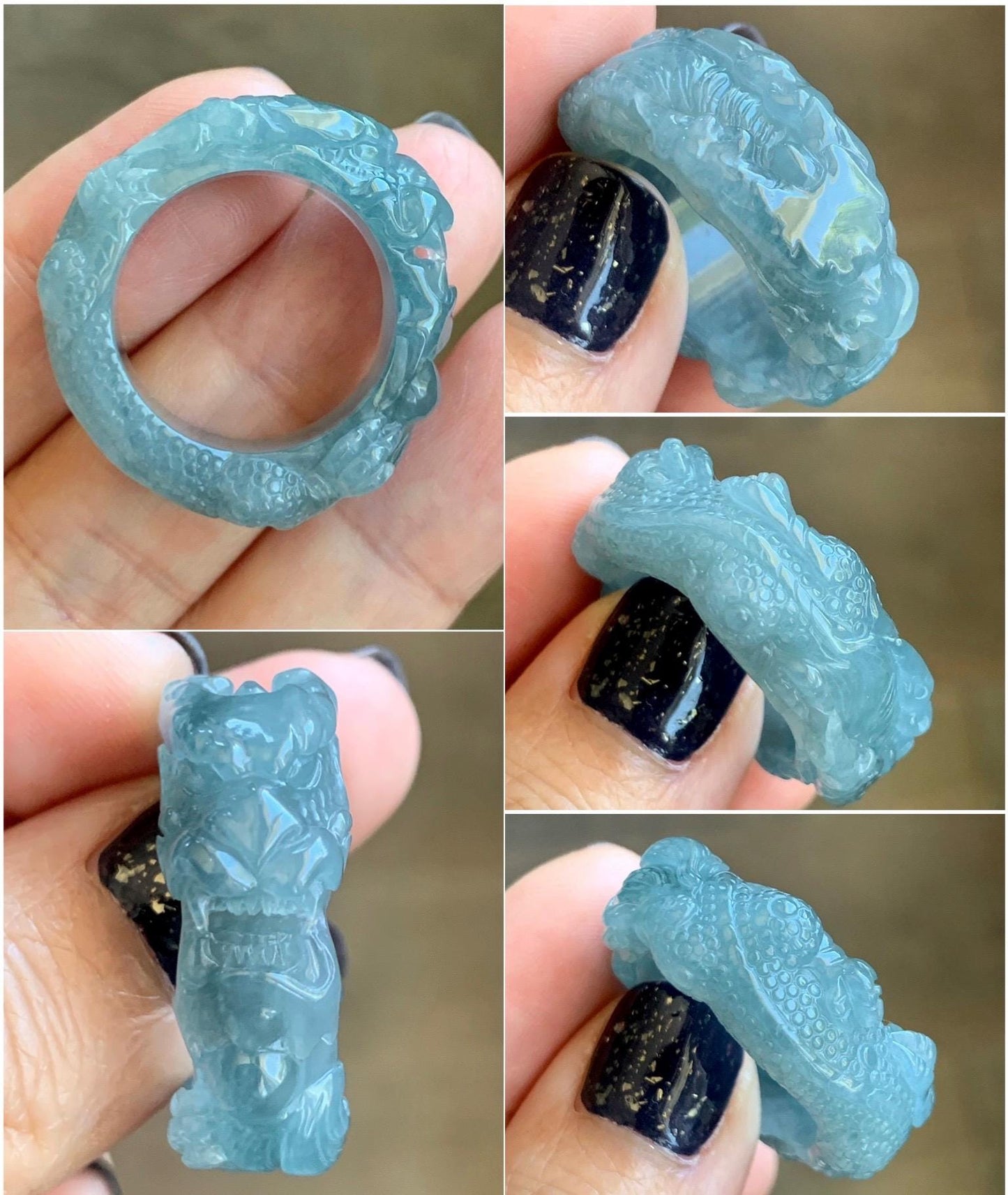 Natural Grade A Guatemalan Icy Translucent Dusty Teal Blue Jade Jadeite Carved Dragon Band Ring size 9.5 US 10g 天然冰胶危蓝翡翠盘龙戒圈戒指扳指 TSW563C