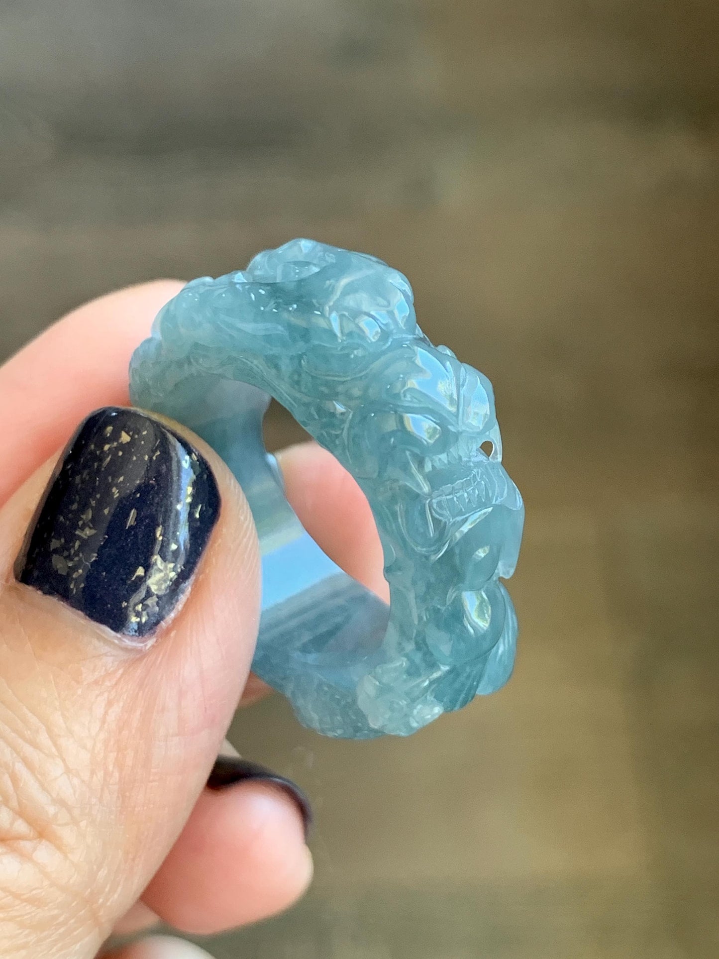 Natural Grade A Guatemalan Icy Translucent Dusty Teal Blue Jade Jadeite Carved Dragon Band Ring size 9.5 US 10g 天然冰胶危蓝翡翠盘龙戒圈戒指扳指 TSW563C