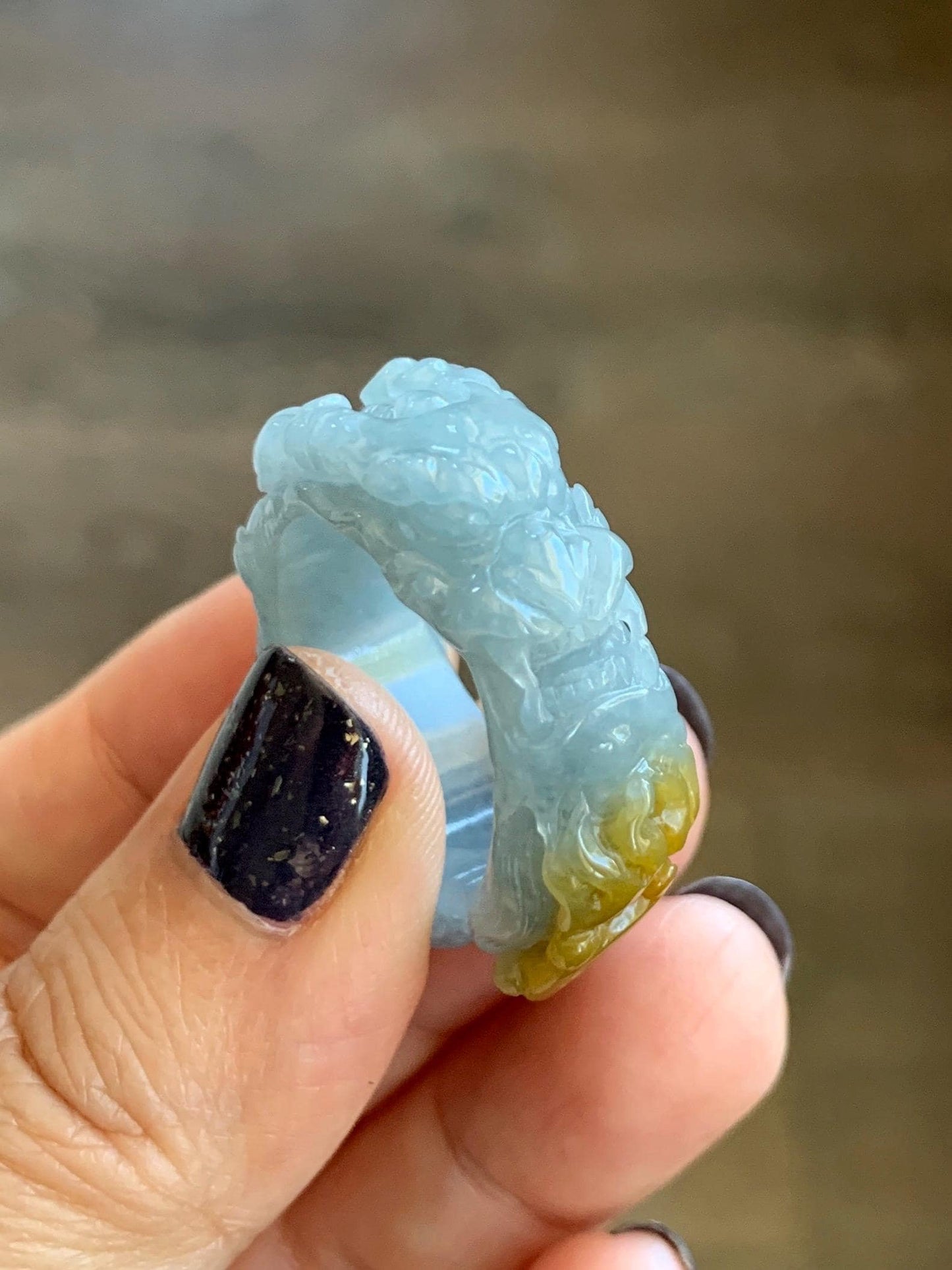 Natural Grade A Guatemalan Icy Translucent Dusty Blue Yellow Marbled Jadeite Carved Dragon Band Ring size 11 US 天然冰胶危浅蓝飘黄翡翠盘龙戒圈戒指扳指 TSW563B