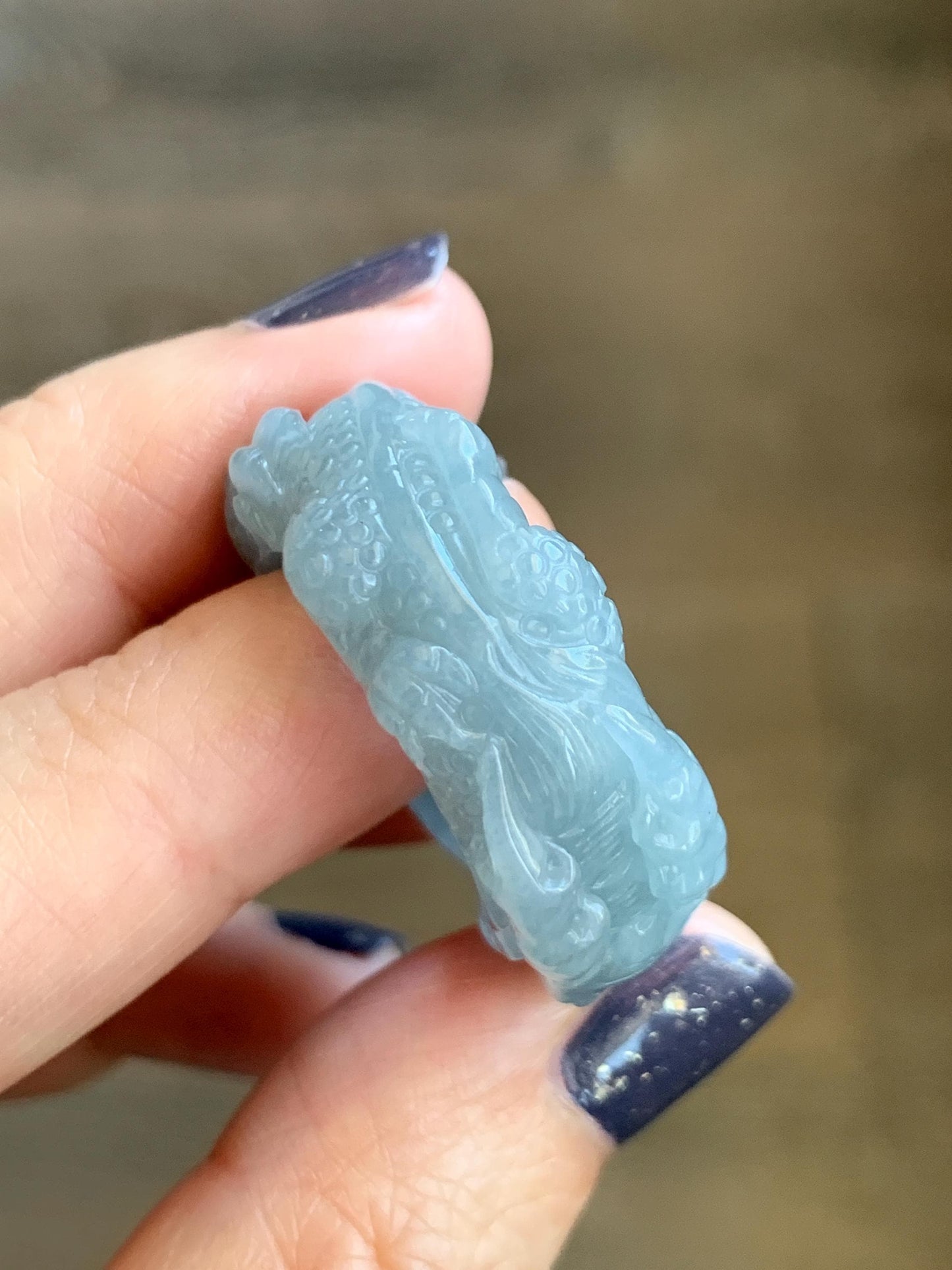 Natural Grade A Guatemalan Icy Translucent Dusty Blue Yellow Marbled Jadeite Carved Dragon Band Ring size 11 US 天然冰胶危浅蓝飘黄翡翠盘龙戒圈戒指扳指 TSW563B