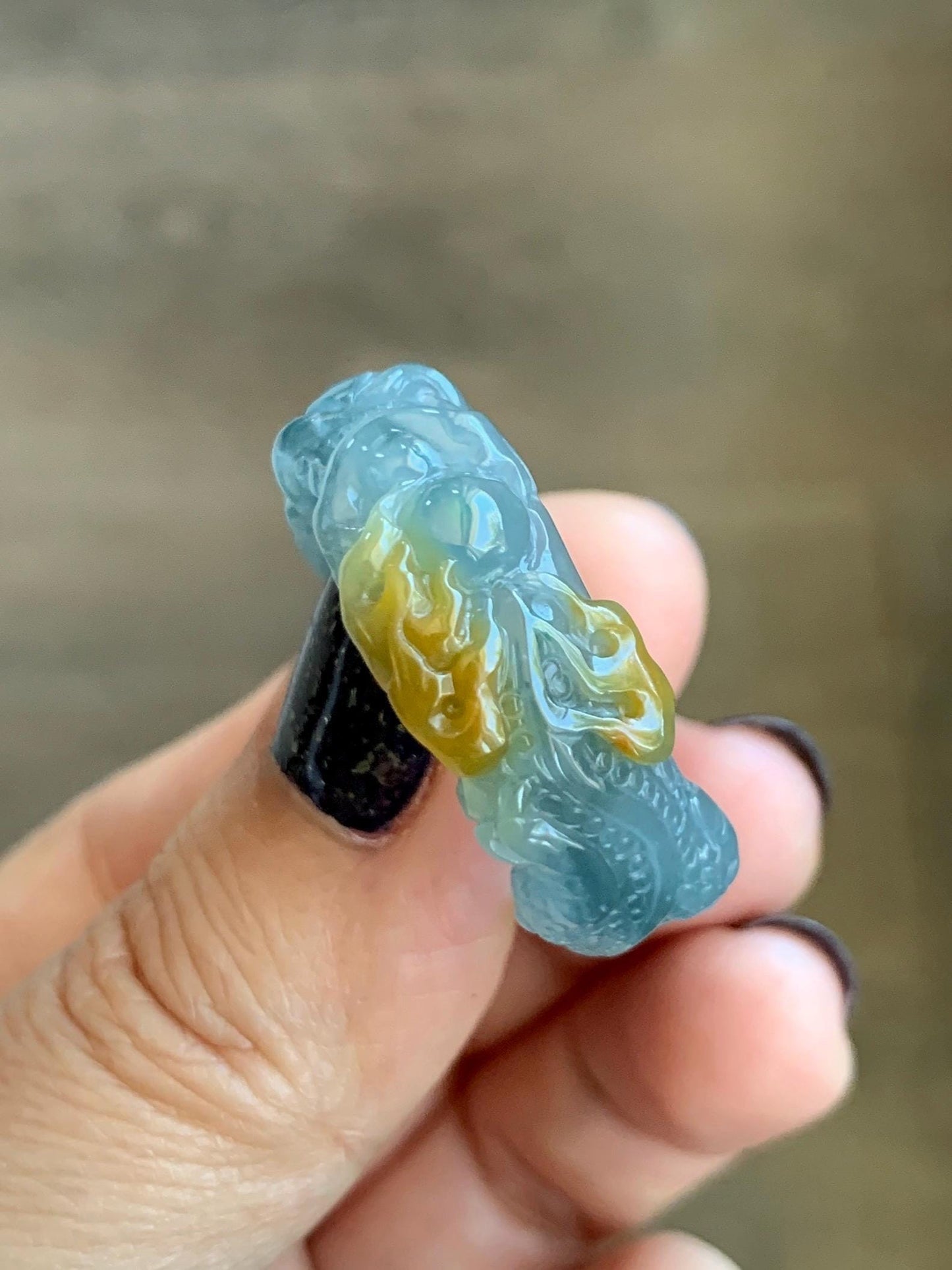 Natural Grade A Guatemalan Icy Translucent Teal Blue Yellow Marbled Jadeite Carved Dragon Band Ring size 11 US 天然冰胶危浅蓝飘黄翡翠盘龙戒圈戒指扳指 TSW563A