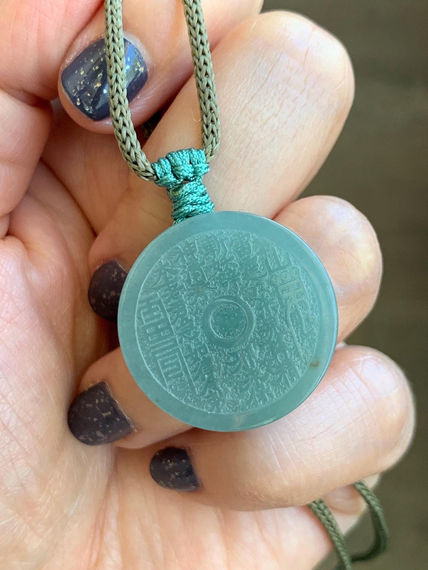 Natural Guatemalan Icy Translucent Light Green Jade Jadeite Mountain Ghost Eight Trigrams Coin Pendant Rope Necklace 天然冰危浅蓝绿翡翠精工山鬼币吊坠 PSG81A