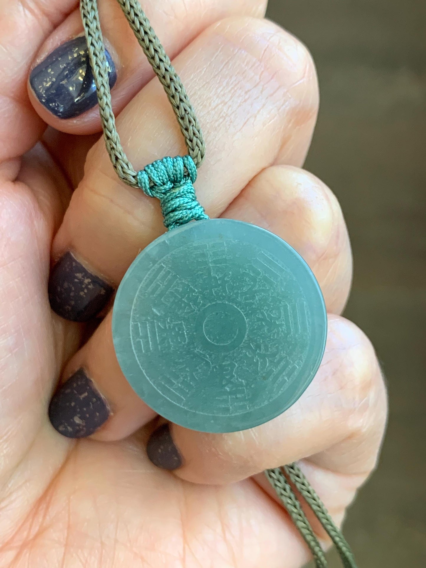 Natural Guatemalan Icy Translucent Light Green Jade Jadeite Mountain Ghost Eight Trigrams Coin Pendant Rope Necklace 天然冰危浅蓝绿翡翠精工山鬼币吊坠 PSG81A
