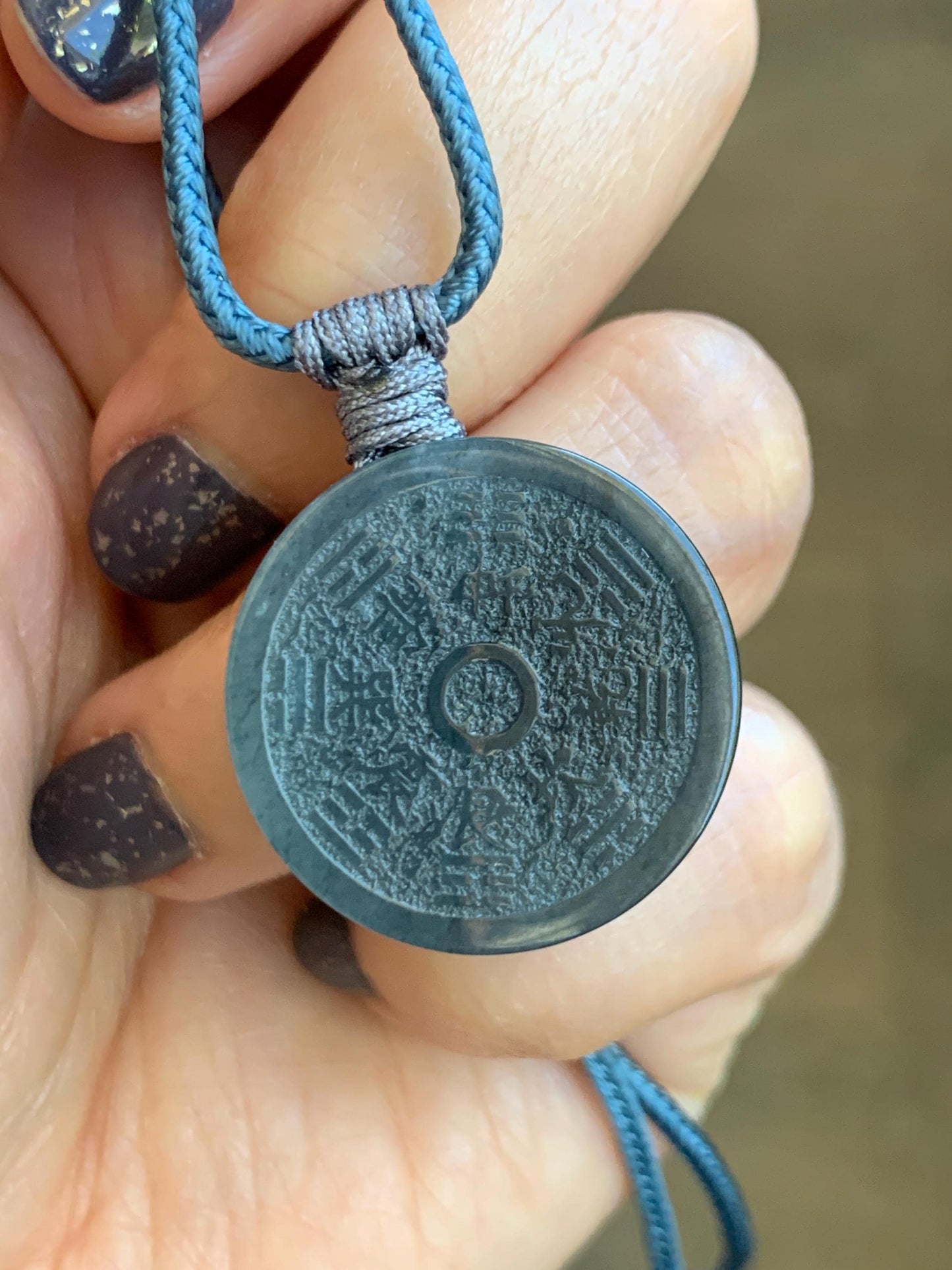 Natural Guatemalan Icy Translucent Wuji Jade Jadeite Mountain Ghost Eight Trigrams Coin Pendant Rope Necklace 天然冰危乌鸡翡翠精工山鬼币吊坠 PSG81B
