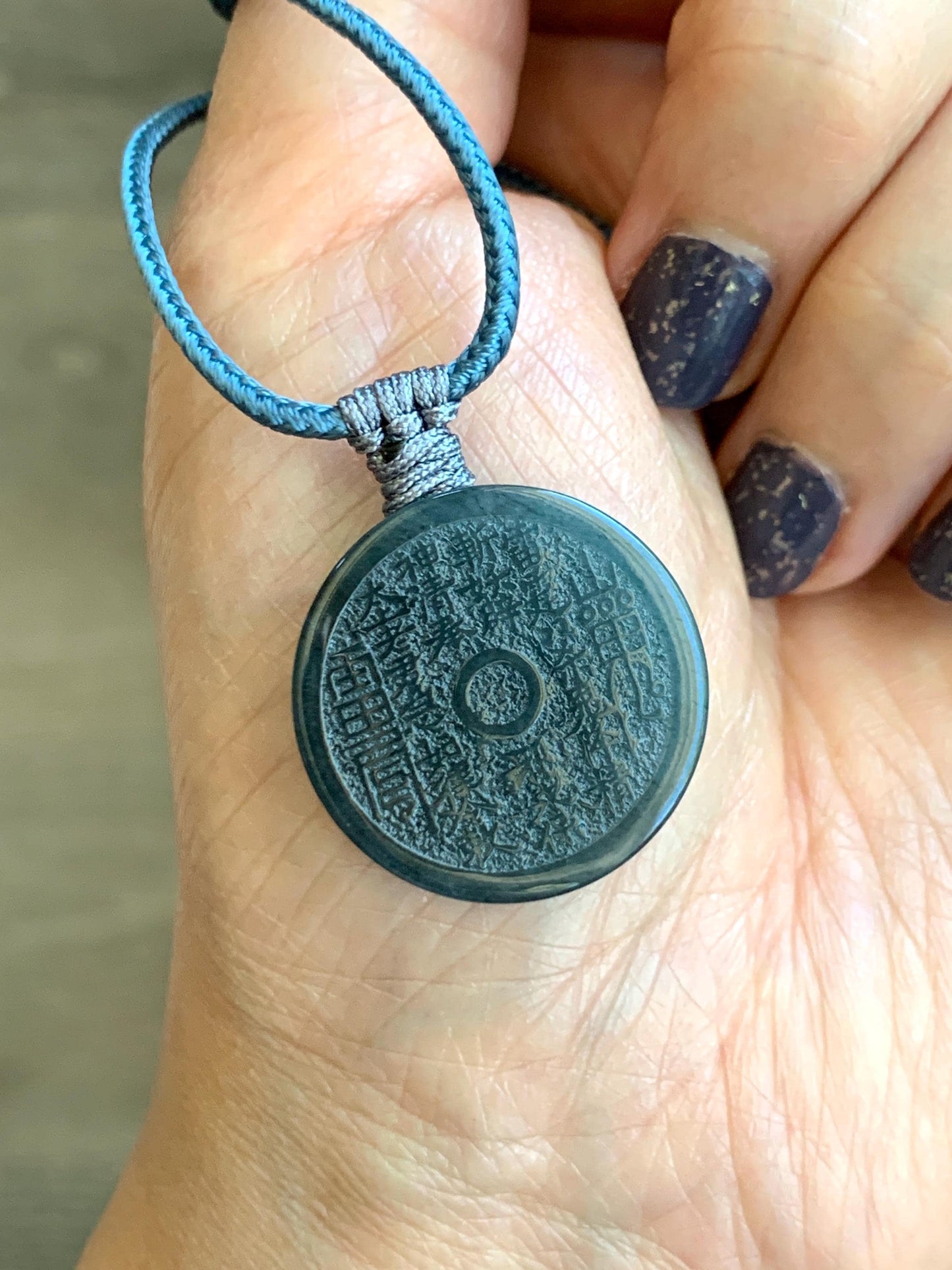 Natural Guatemalan Icy Translucent Wuji Jade Jadeite Mountain Ghost Eight Trigrams Coin Pendant Rope Necklace 天然冰危乌鸡翡翠精工山鬼币吊坠 PSG81B