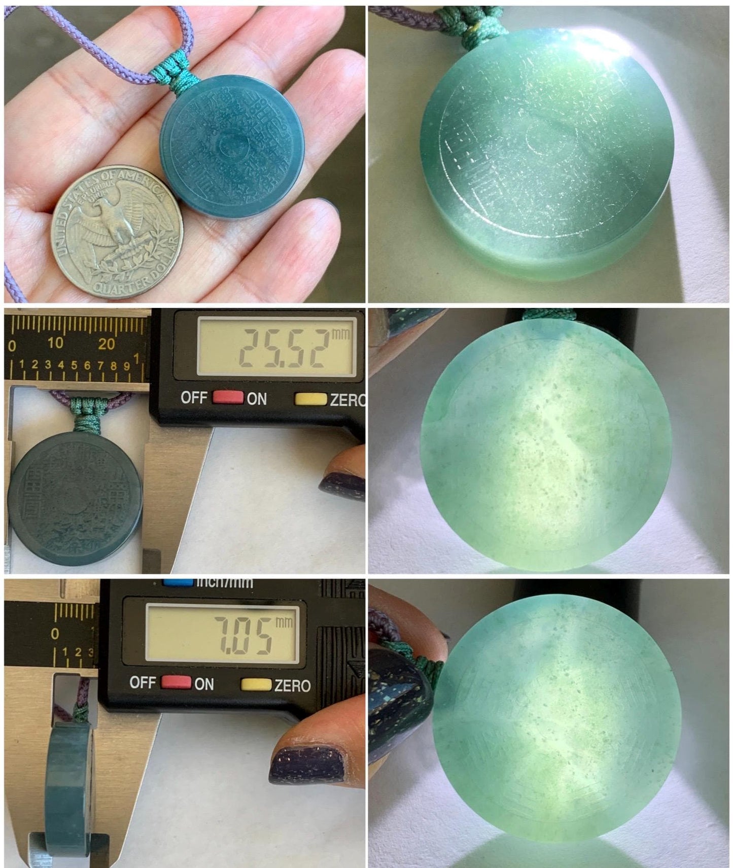 Natural Guatemalan Icy Translucent Teal Blue Jade Jadeite Mountain Ghost Eight Trigrams Coin Pendant Rope Necklace 天然冰危蓝绿翡翠精工山鬼币吊坠 PSG81C