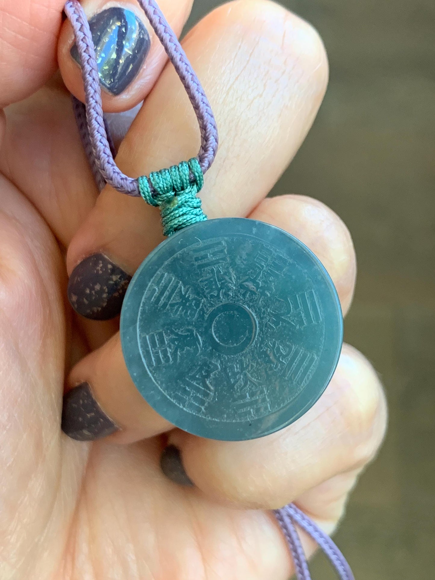 Natural Guatemalan Icy Translucent Teal Blue Jade Jadeite Mountain Ghost Eight Trigrams Coin Pendant Rope Necklace 天然冰危蓝绿翡翠精工山鬼币吊坠 PSG81C