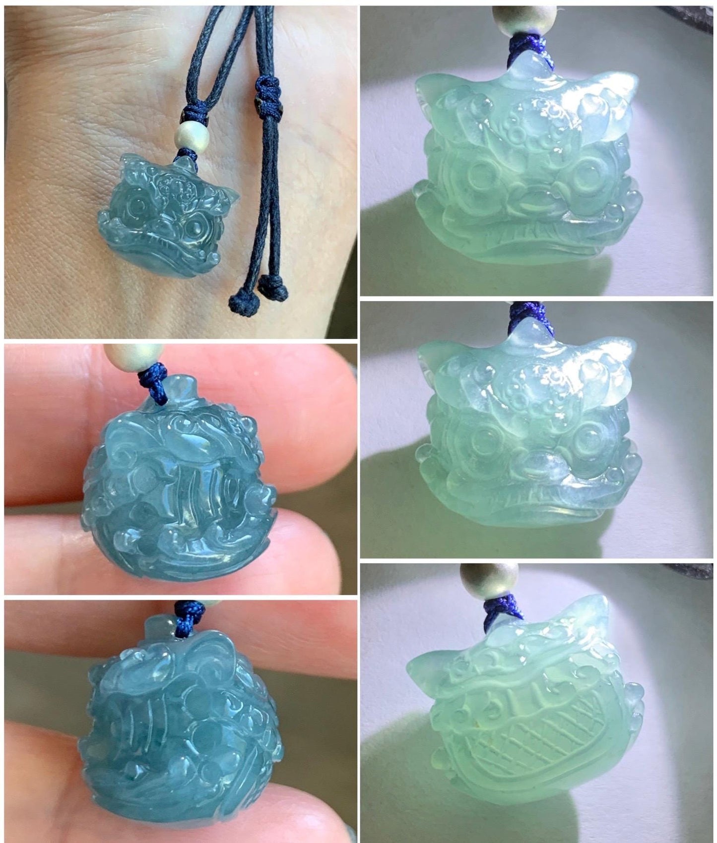 Natural Grade A Guatemalan Icy Highly Translucent Gelatinous Blue Jadeite Dancing Lion Pendant Rope Necklace 26” 8g 天然老种冰胶危蓝翡翠醒狮吊坠 WXS98