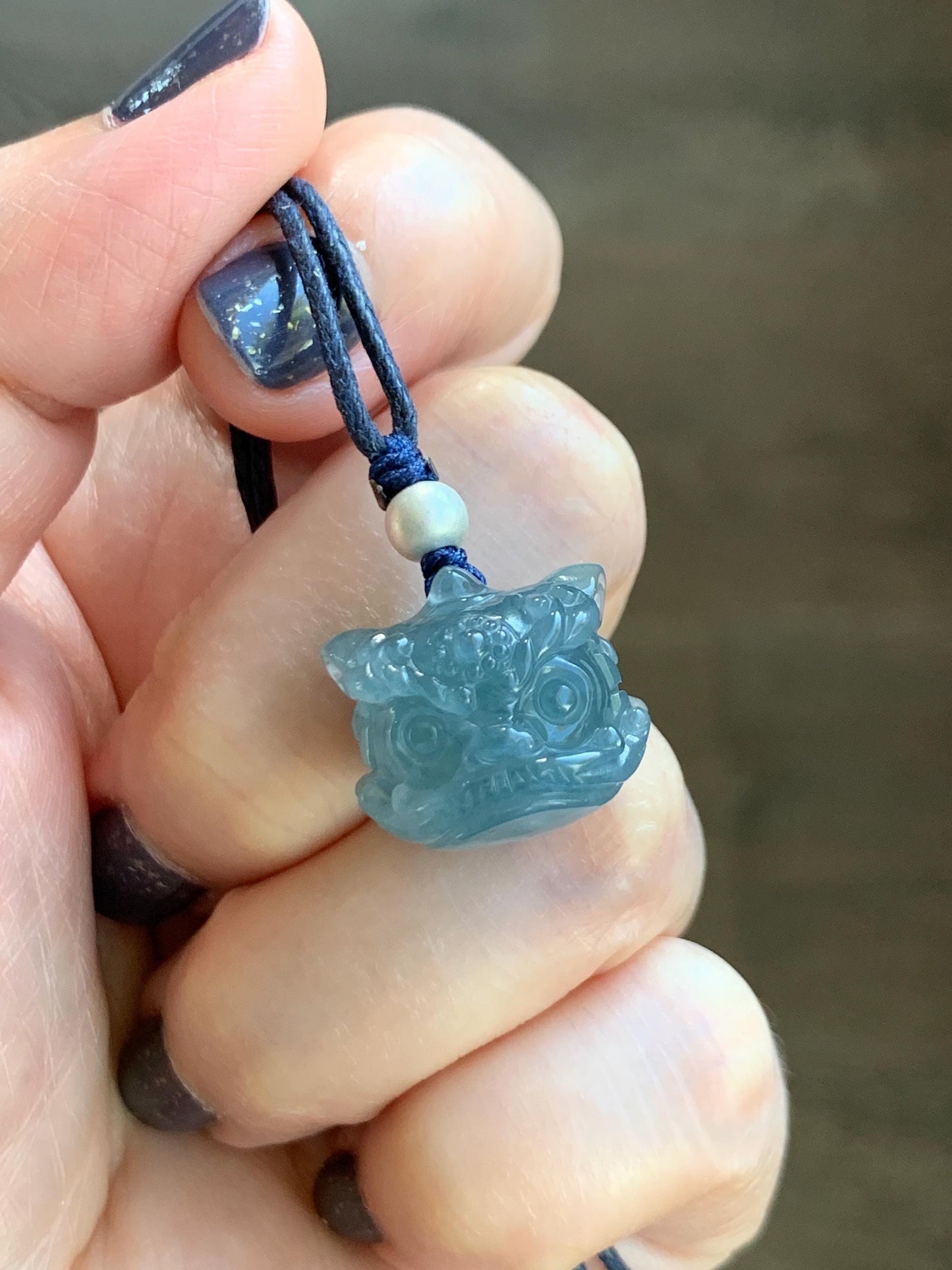 Natural Grade A Guatemalan Icy Highly Translucent Gelatinous Blue Jadeite Dancing Lion Pendant Rope Necklace 26” 8g 天然老种冰胶危蓝翡翠醒狮吊坠 WXS98