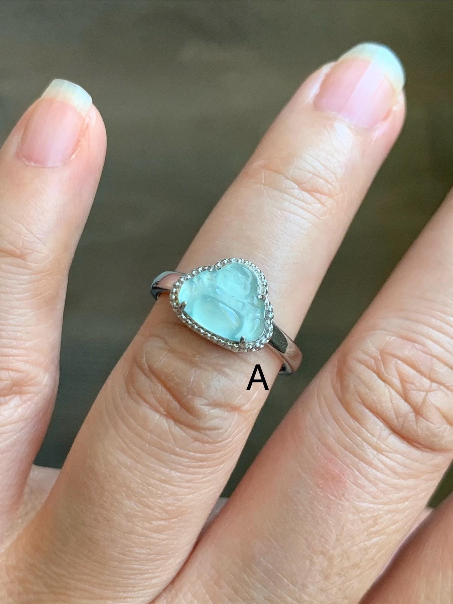 Natural Guatemalan Garde A Icy Highly Translucent Pastel Blue Jadeite Petite Buddha Ring Sterling Silver Adjustable 天然高冰危浅蓝翡翠小佛公银镶戒指 WLP55