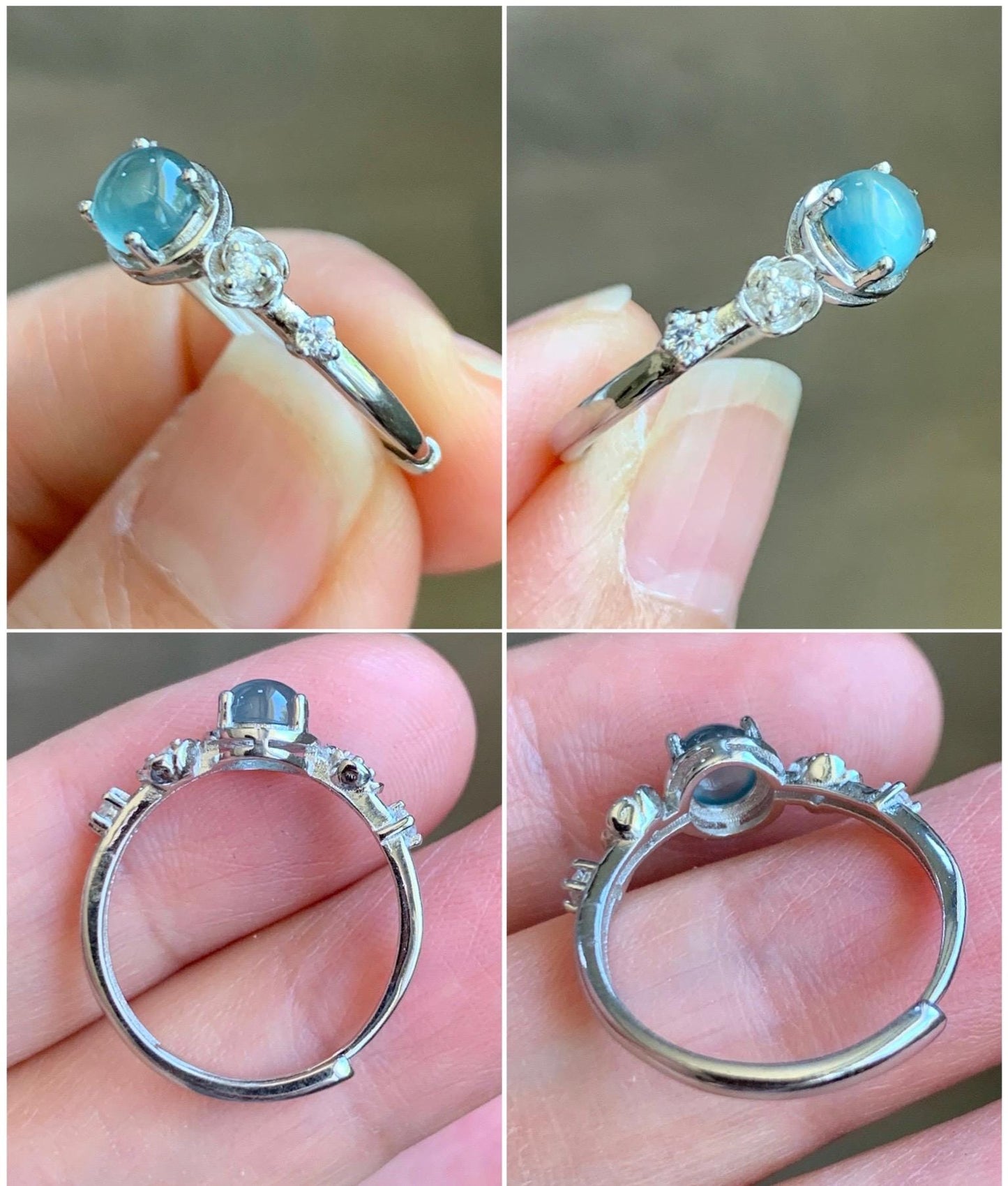Natural Grade A Guatemalan Icy Highly Translucent Pastel Blue Jadeite Bypass Ring Sterling Silver Size 7 Adjustable 天然冰危淡蓝翡翠开口银镶戒指 MWL150B