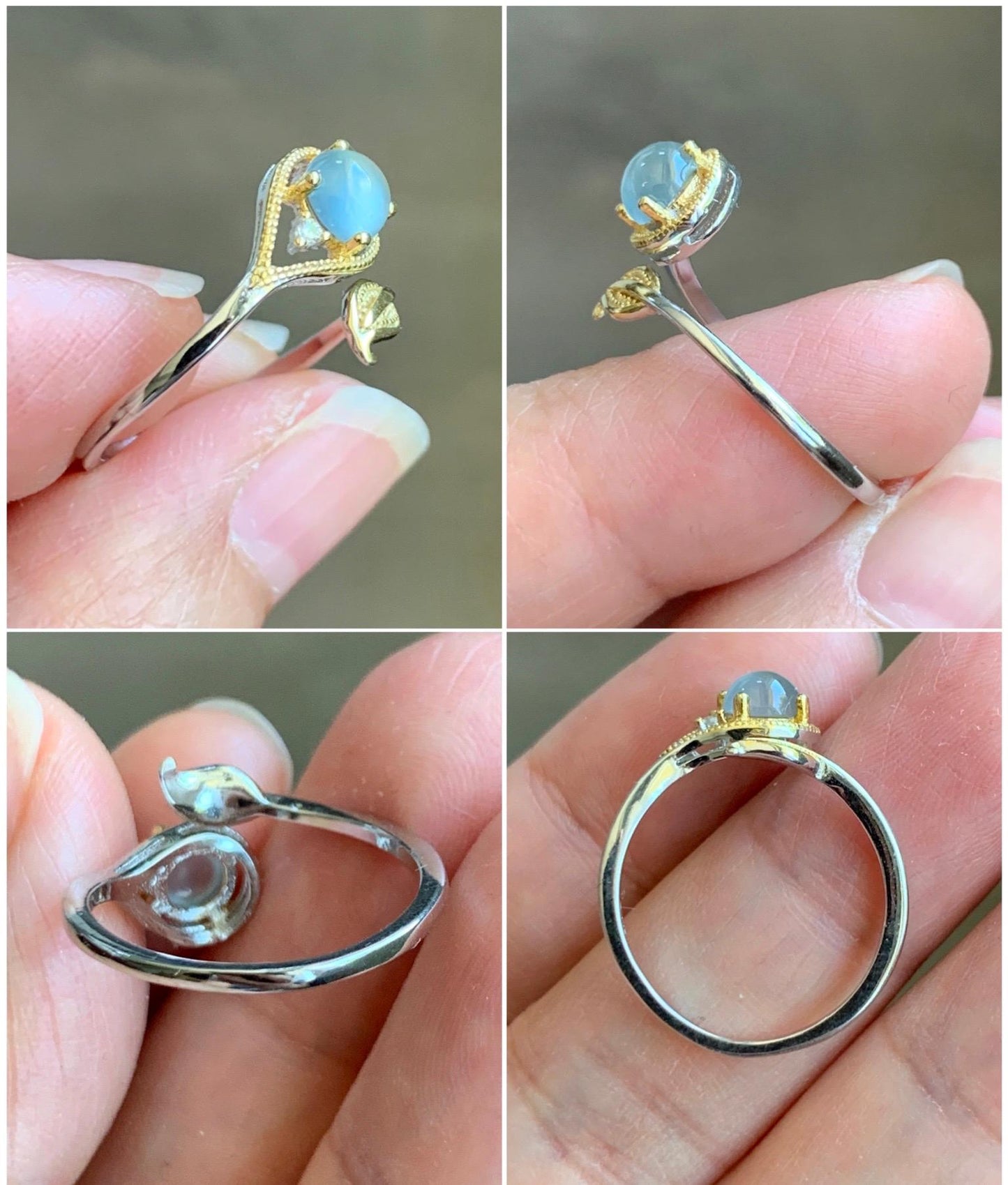 Natural Grade A Guatemalan Icy Highly Translucent Pastel Blue Jadeite Open Band Ring Sterling Silver Size Adjustable 天然冰危淡蓝翡翠开口银镶戒指 MWL150C