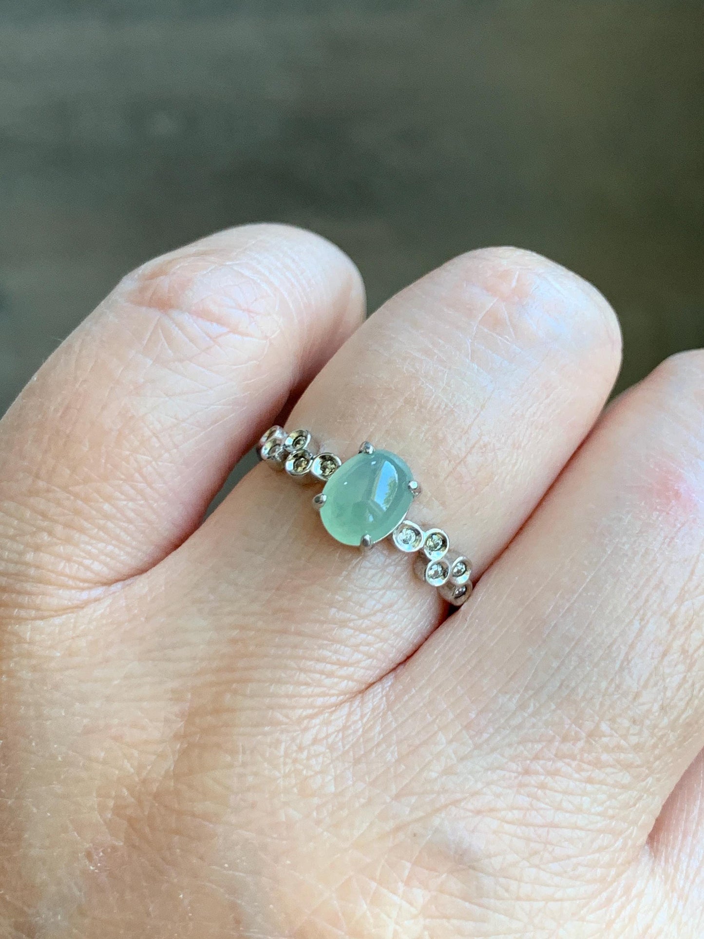 Natural Grade A Icy Highly Translucent Pastel Light Green Jade Jadeite Ring Sterling Silver Size 6.75 US Adjustable 天然起冰起光晴色翡翠银镶戒指 XMQ55A