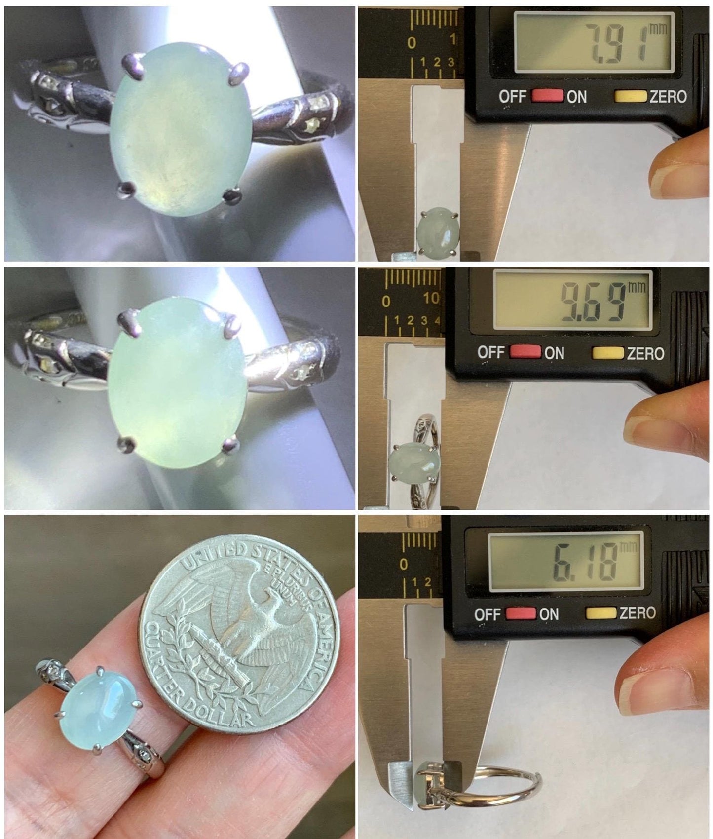 Natural Grade A Icy Translucent Pastel Green Jade Jadeite Solitaire Ring Sterling Silver Size 7 US Adjustable 天然冰晴底翡翠银镶戒指 XMQ55B