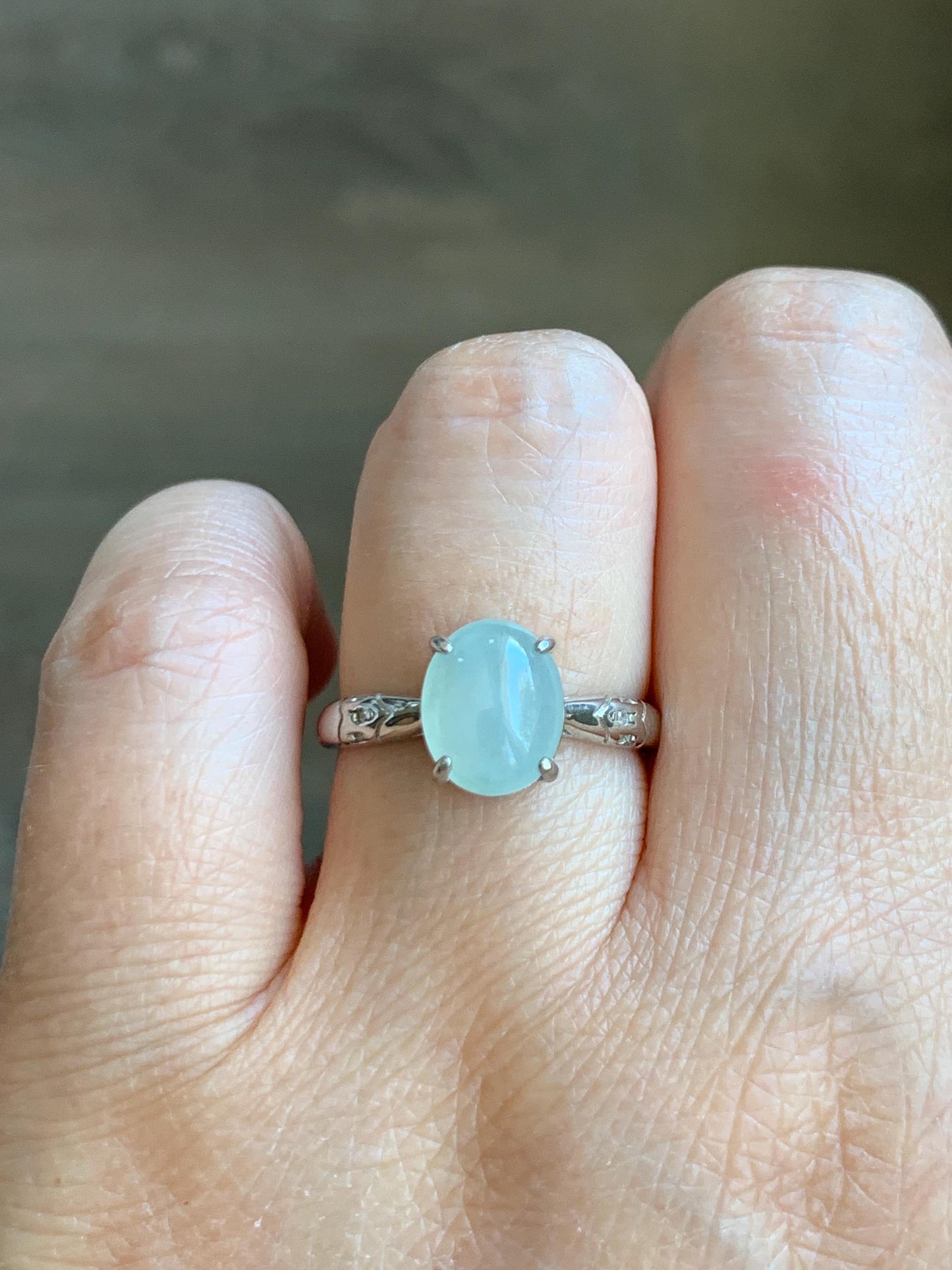 Natural Grade A Icy Translucent Pastel Green Jade Jadeite Solitaire Ring Sterling Silver Size 7 US Adjustable 天然冰晴底翡翠银镶戒指 XMQ55B