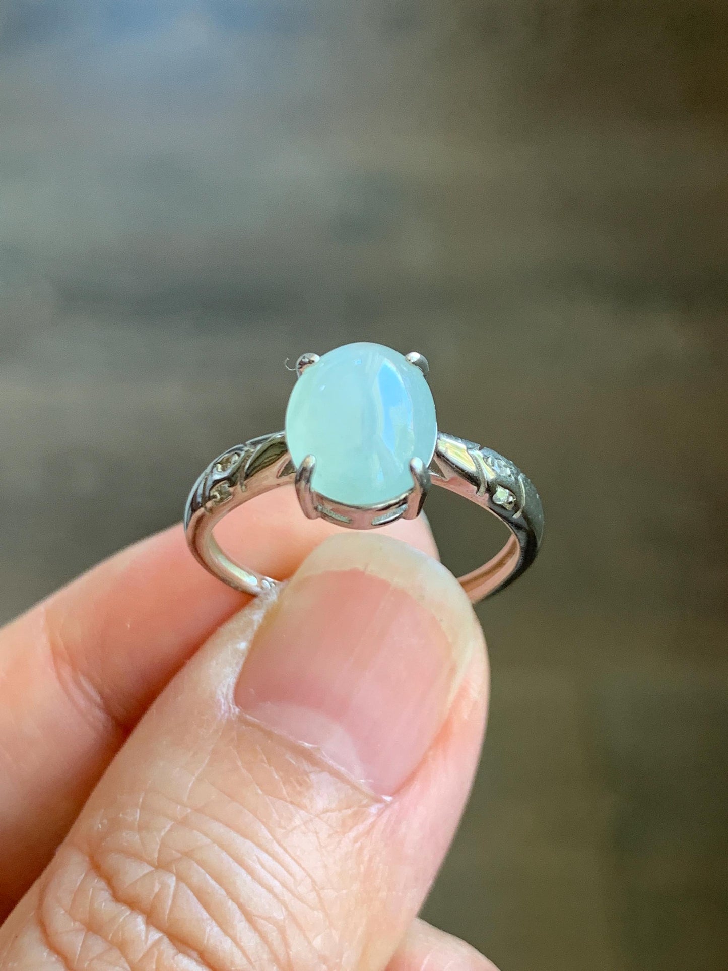 Natural Grade A Icy Translucent Pastel Green Jade Jadeite Solitaire Ring Sterling Silver Size 7 US Adjustable 天然冰晴底翡翠银镶戒指 XMQ55B