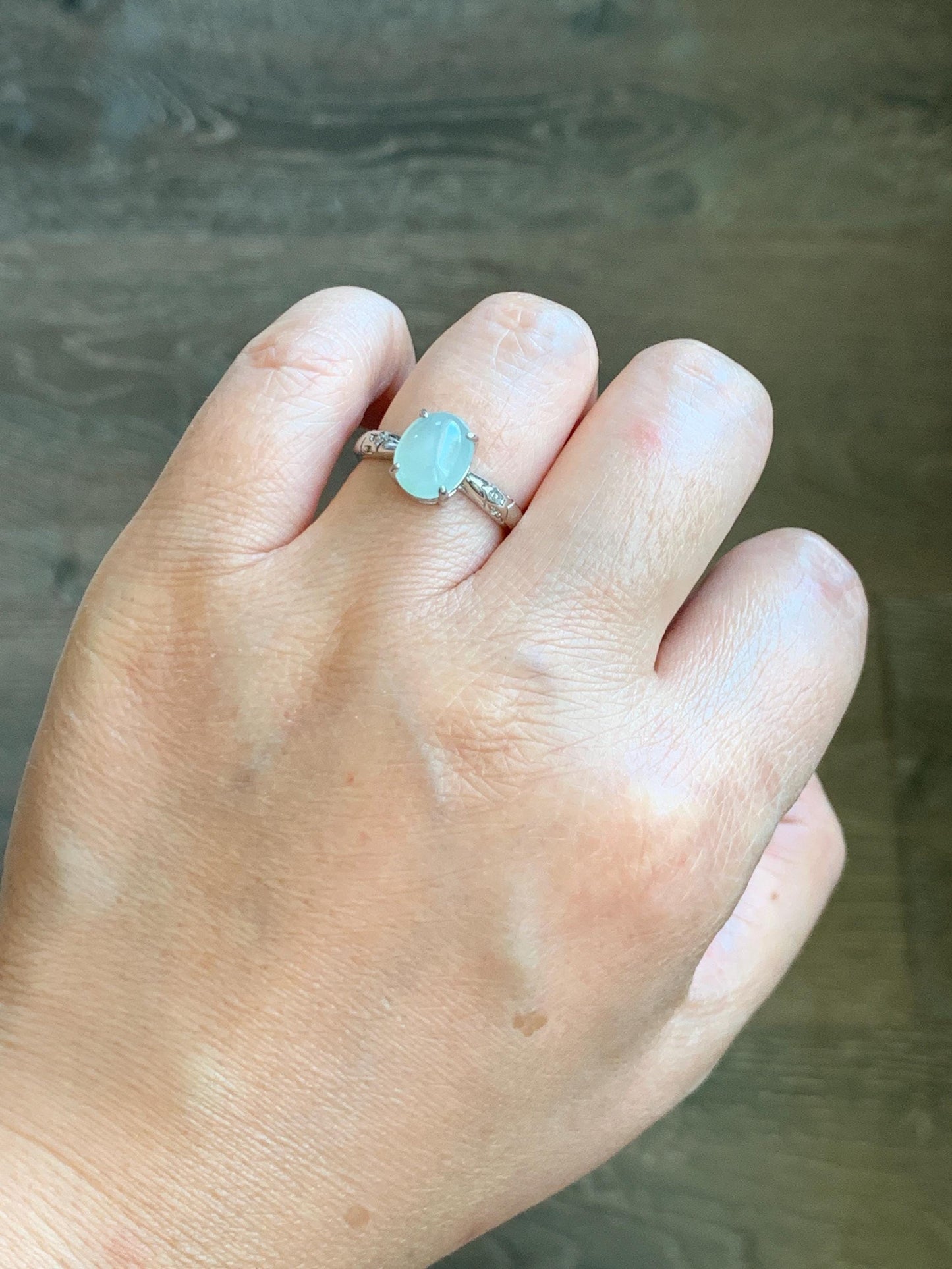 Natural Grade A Icy Translucent Pastel Green Jade Jadeite Solitaire Ring Sterling Silver Size 7 US Adjustable 天然冰晴底翡翠银镶戒指 XMQ55B