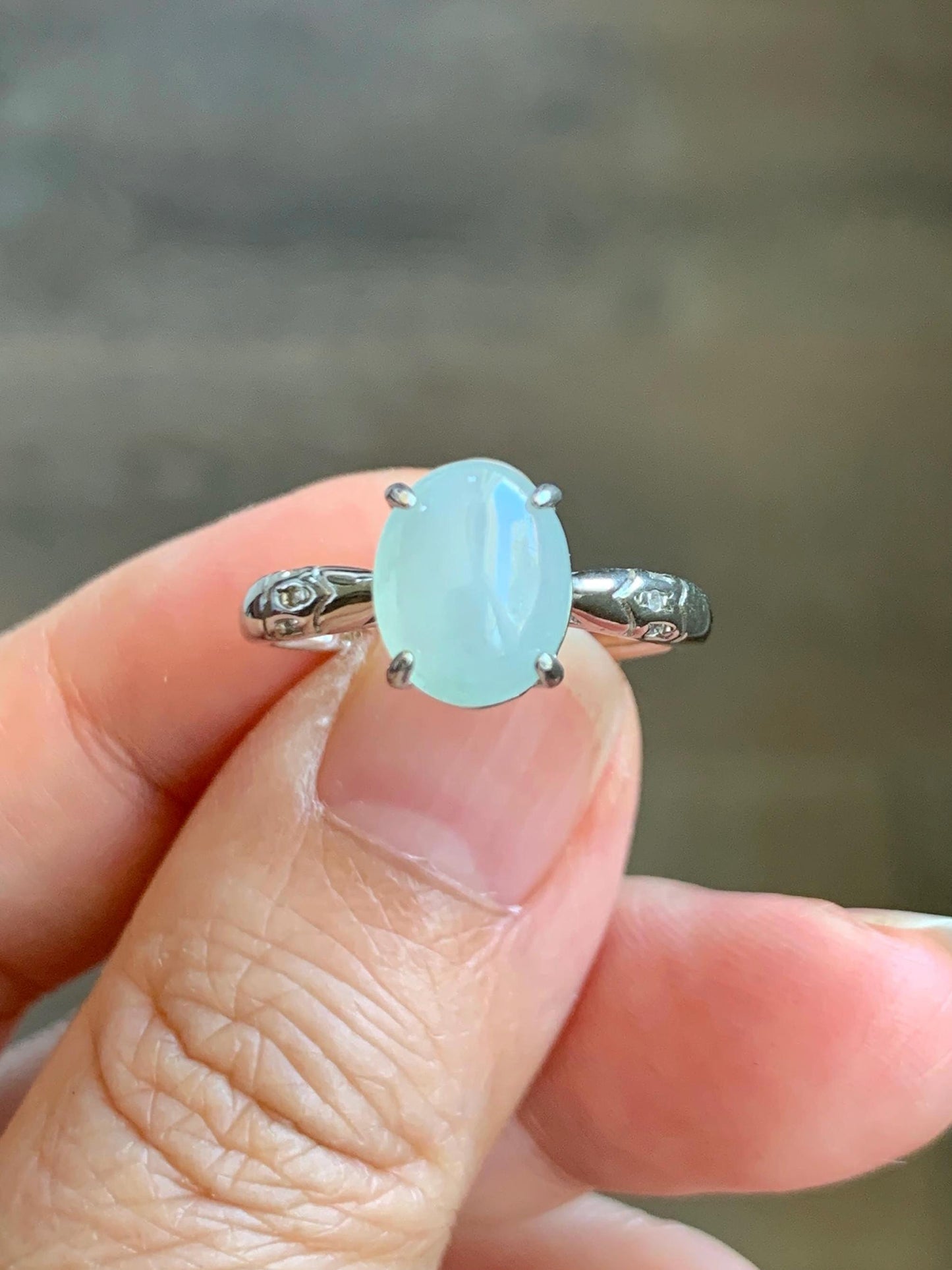 Natural Grade A Icy Translucent Pastel Green Jade Jadeite Solitaire Ring Sterling Silver Size 7 US Adjustable 天然冰晴底翡翠银镶戒指 XMQ55B