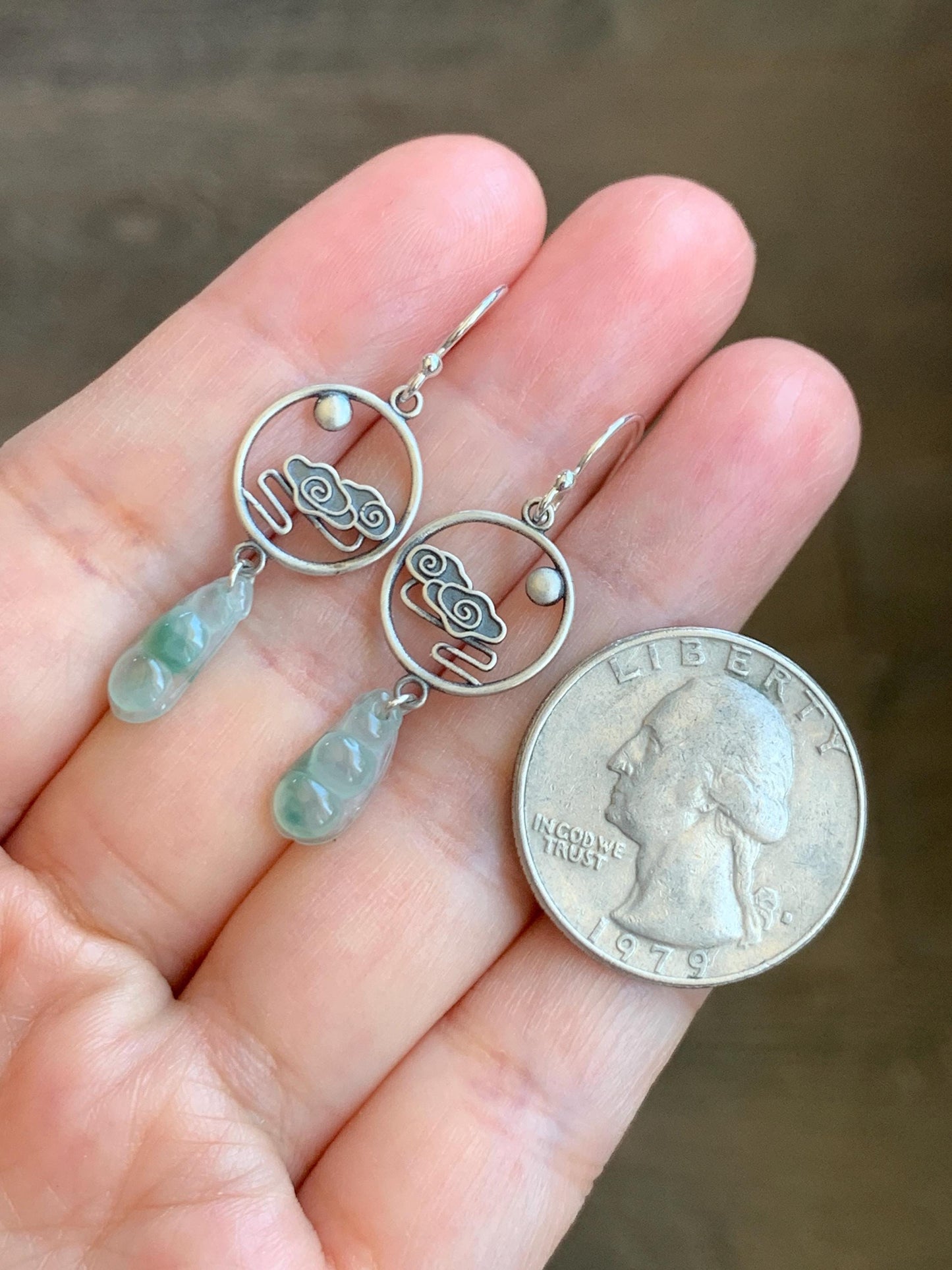 Natural Grade A Icy Highly Translucent Green Marbled Jadeite Carved Petite Peapod Dangle Earrings Sterling Silver 天然冰晴飘绿花翡翠福豆银耳钩 MPFD69
