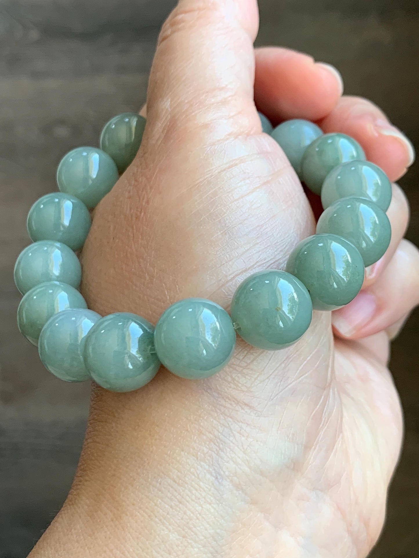 Natural Grade A Icy Translucent Pastel Dusty Green Jade Jadeite Large Beads Beaded Bracelet Stretchy 7.5” 58g 天然冰细糯油青翡翠大卡手串 MYQ650C