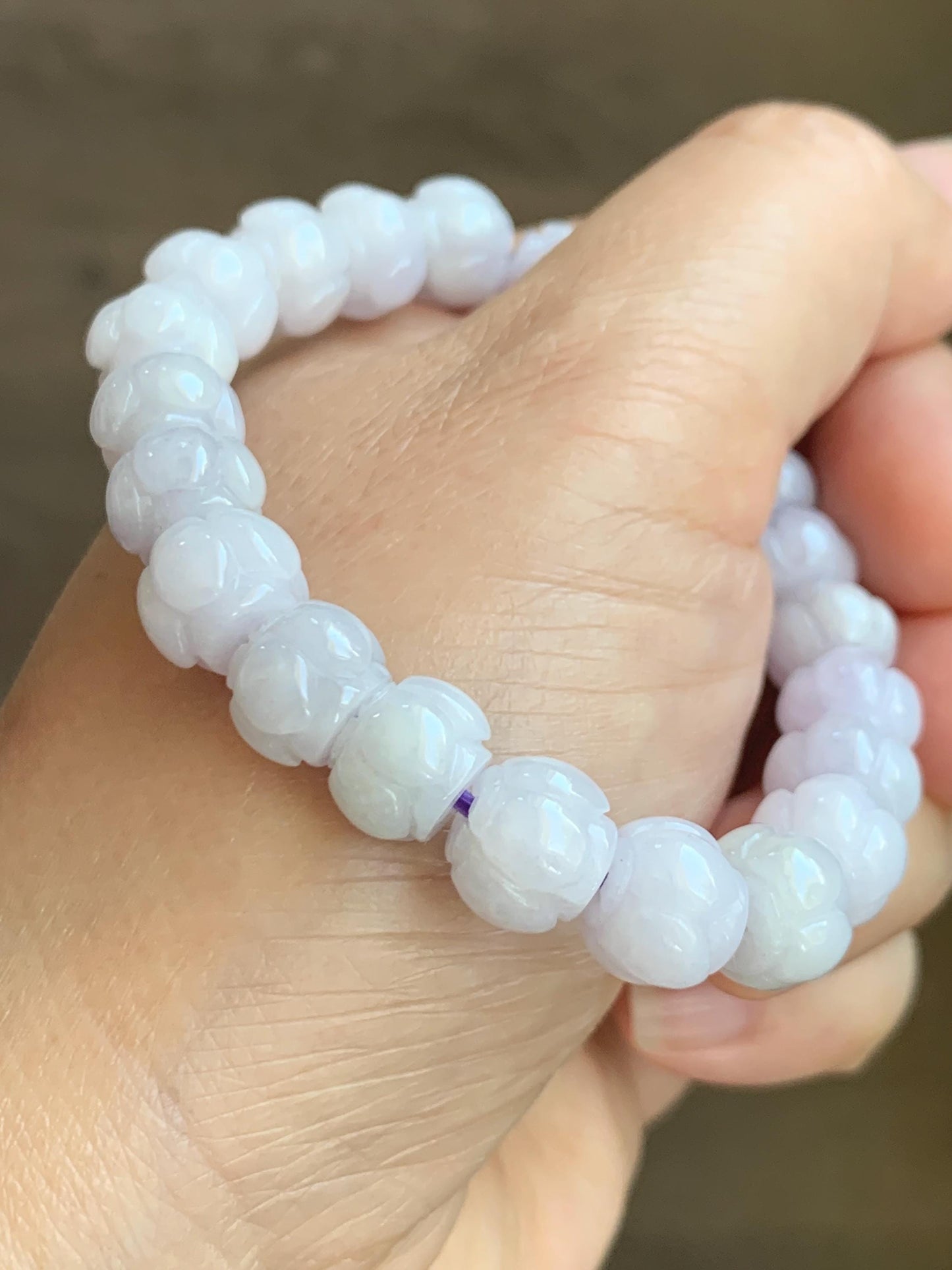 Natural Grade A Icy Translucent White Jadeite w/ Pastel Purple Undertone Lotus Flower beads Beaded Bracelet 6.75” 天然糯冰淡紫底翡翠莲花珠手串 DZLH370B