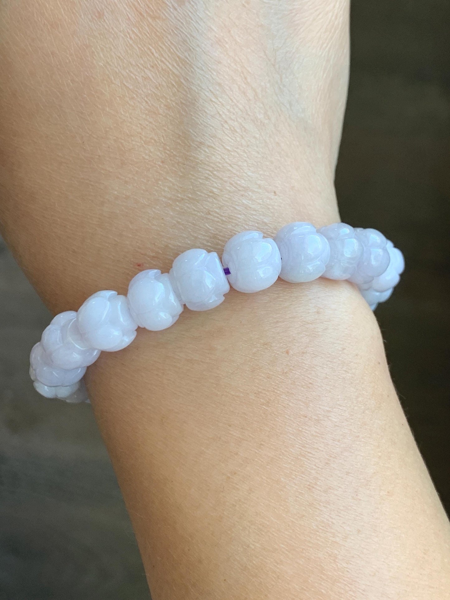 Natural Grade A Icy Translucent White Jadeite w/ Pastel Purple Undertone Lotus Flower beads Beaded Bracelet 6.75” 天然糯冰淡紫底翡翠莲花珠手串 DZLH370B