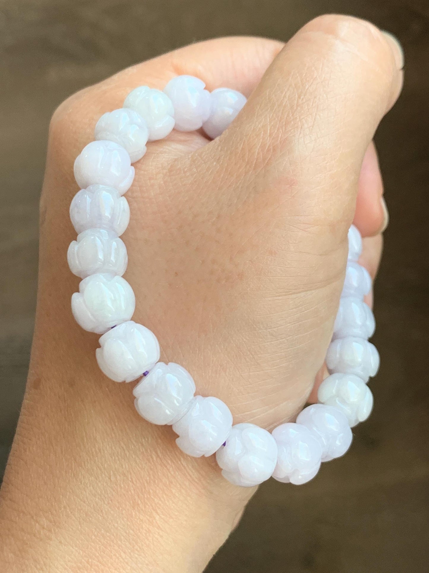 Natural Grade A Icy Translucent White Jadeite w/ Pastel Purple Undertone Lotus Flower beads Beaded Bracelet 6.75” 天然糯冰淡紫底翡翠莲花珠手串 DZLH370B
