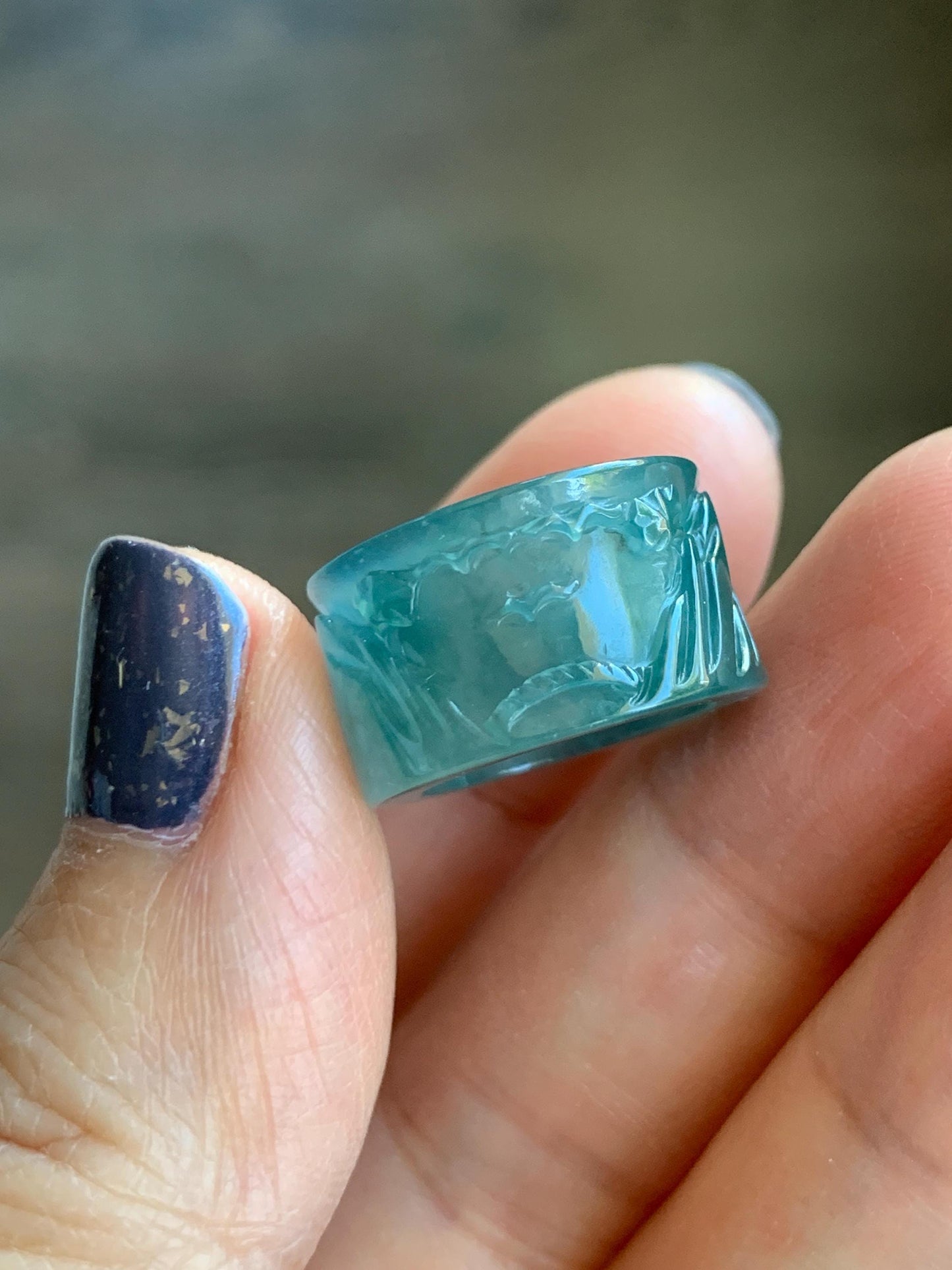 Natural Grade A Guatemalan Icy Highly Translucent Dark Teal Blue Jade Jadeite Engraved Shan Shui Band Ring Pendant 4g 天然冰危深蓝翡翠山水跑环吊坠 WQL66A