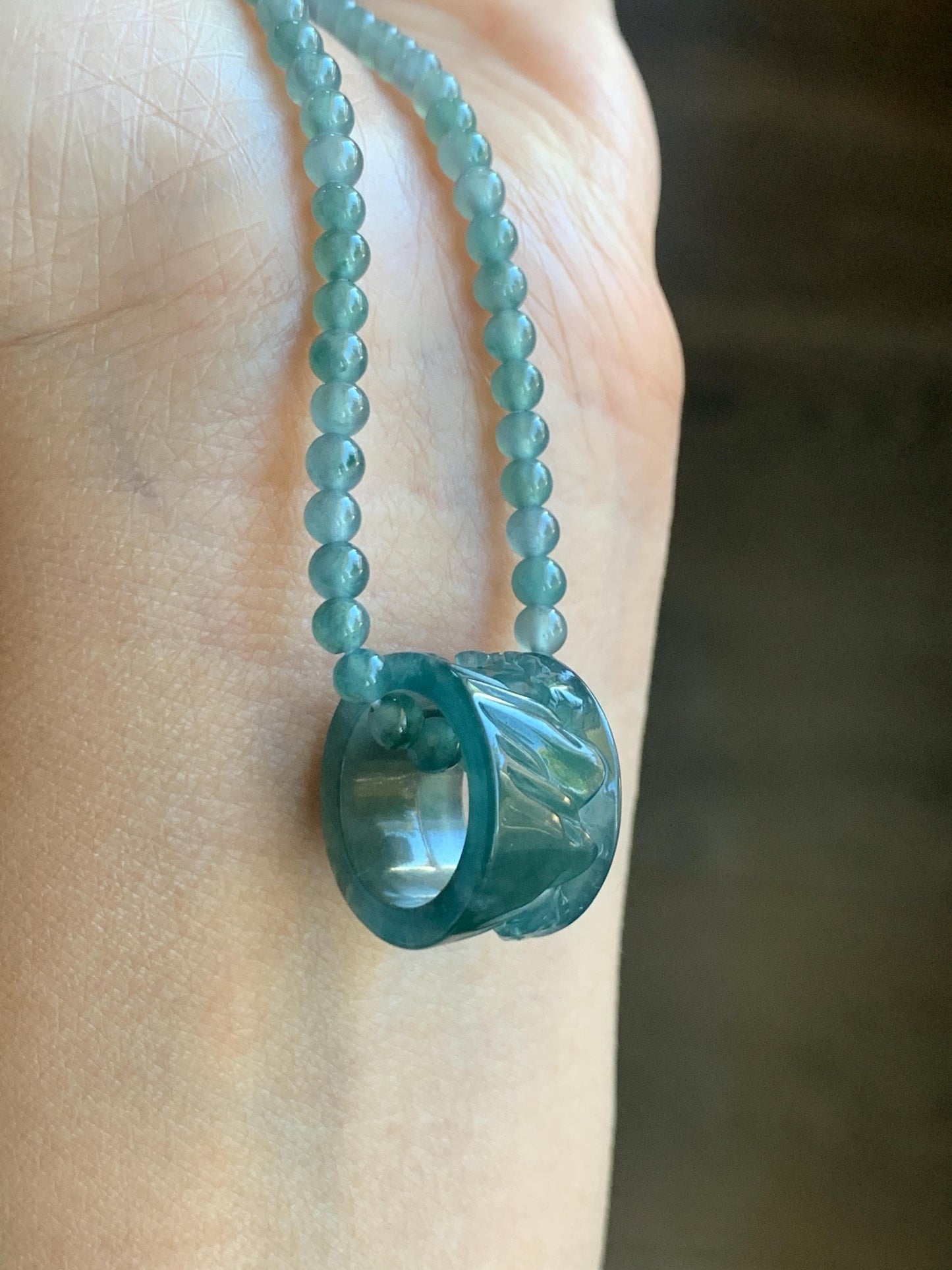Natural Grade A Guatemalan Icy Highly Translucent Dark Teal Blue Jade Jadeite Engraved Shan Shui Band Ring Pendant 4g 天然冰危深蓝翡翠山水跑环吊坠 WQL66A
