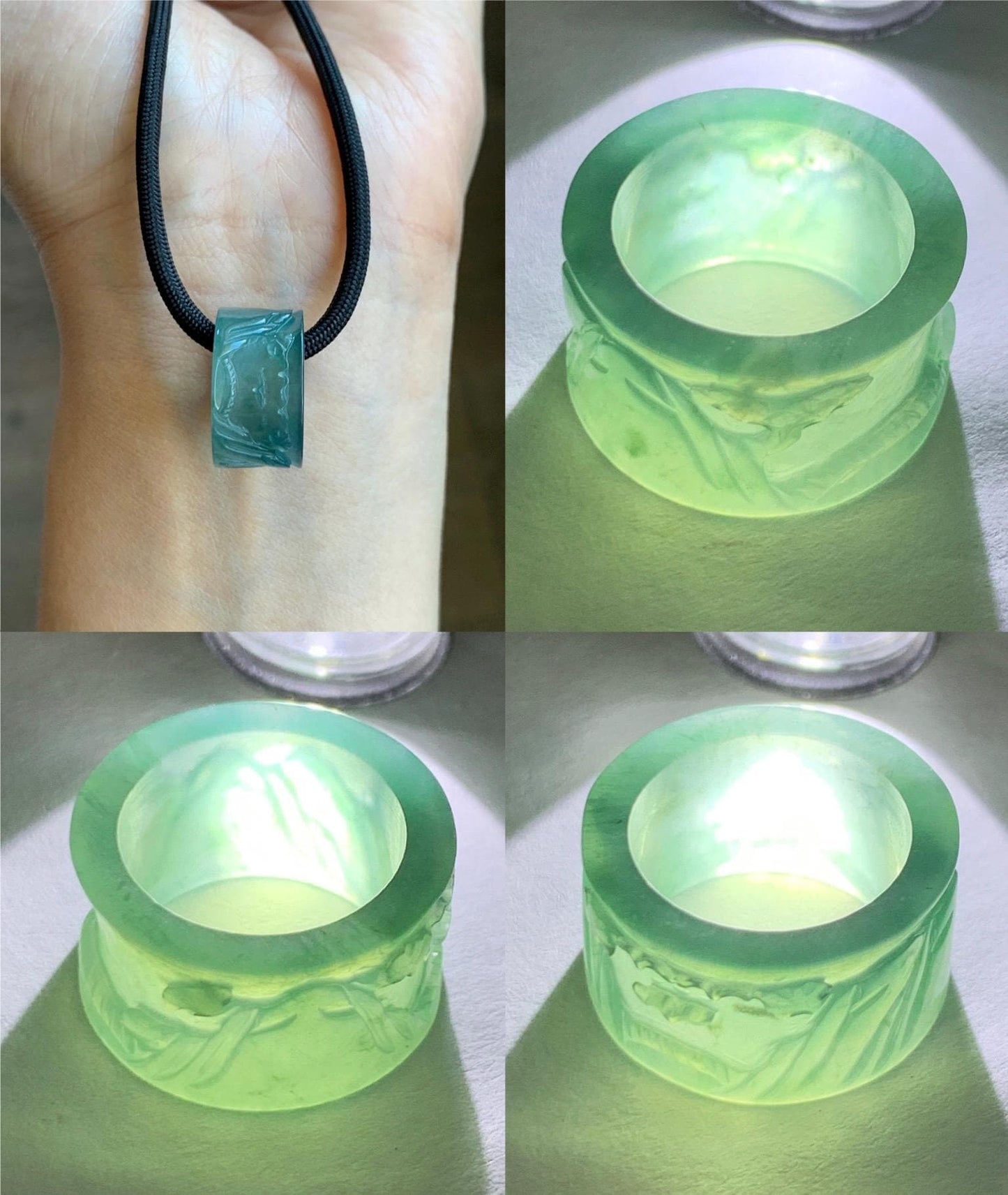 Natural Grade A Guatemalan Icy Highly Translucent Dark Teal Blue Jade Jadeite Engraved Shan Shui Band Ring Pendant 4g 天然冰危深蓝翡翠山水跑环吊坠 WQL66B