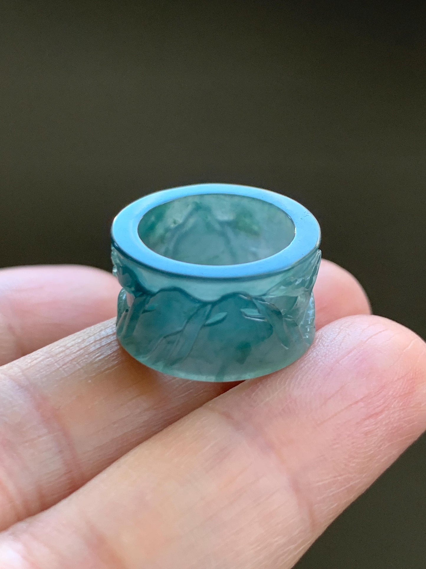 Natural Grade A Guatemalan Icy Highly Translucent Dark Teal Blue Jade Jadeite Engraved Shan Shui Band Ring Pendant 4g 天然冰危深蓝翡翠山水跑环吊坠 WQL66B