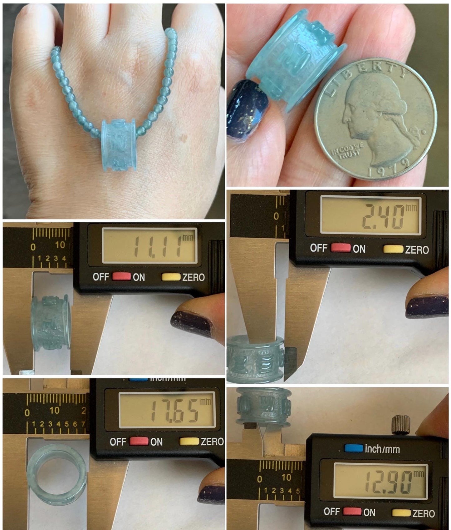 Natural Grade A Guatemalan Icy Highly Translucent Pastel Blue Jadeite Engraved Six Word Mantra Band Ring Pendant 3g 天然冰危淡蓝翡翠六字真言跑环吊坠 WQL66C