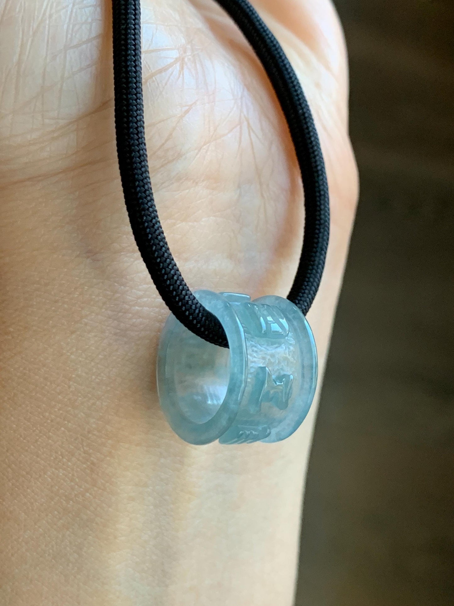 Natural Grade A Guatemalan Icy Highly Translucent Pastel Blue Jadeite Engraved Six Word Mantra Band Ring Pendant 3g 天然冰危淡蓝翡翠六字真言跑环吊坠 WQL66C