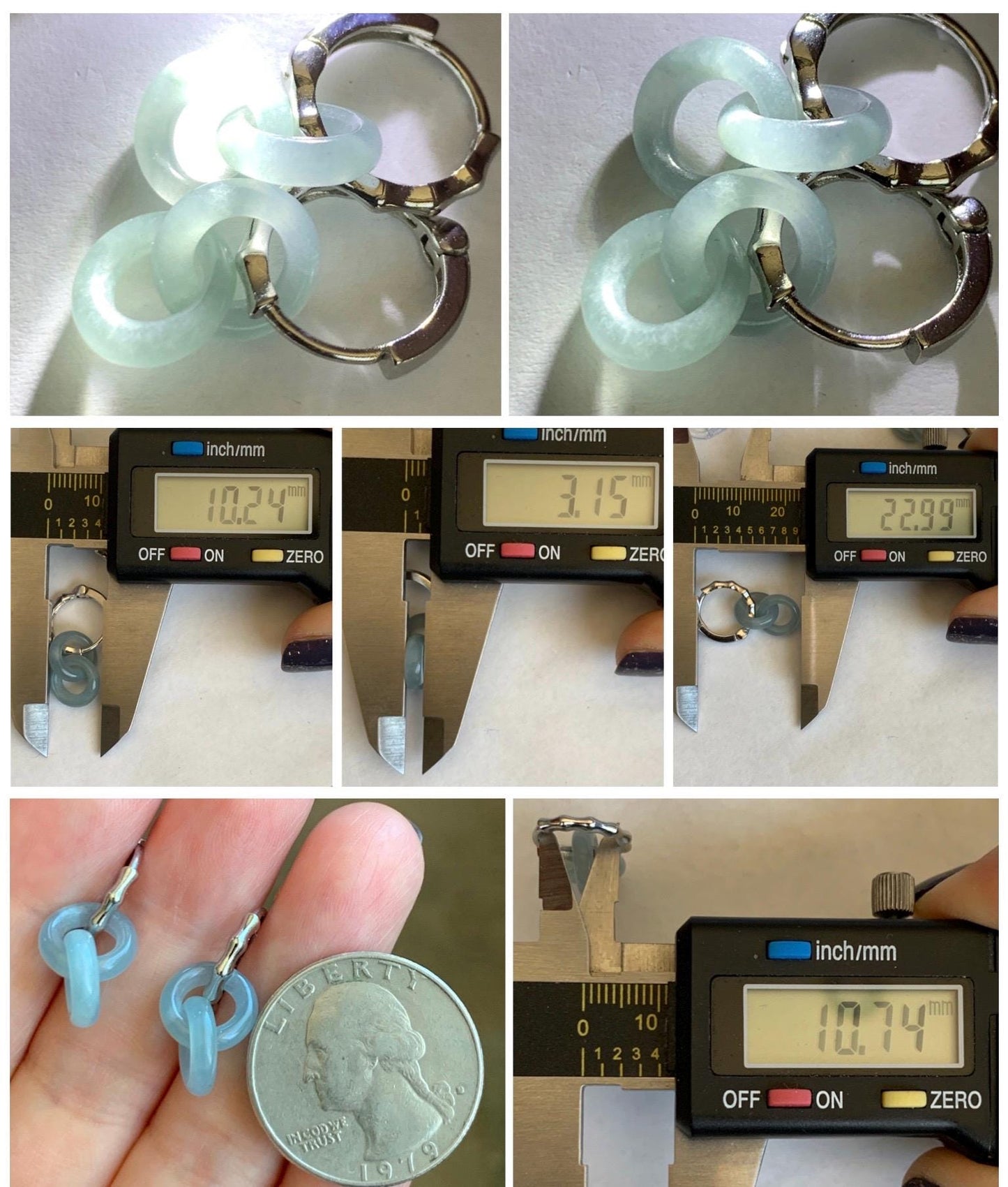 Natural Grade A Guatemalan Icy Translucent Pastel Dusty Blue Jadeite Interlocking Rings Hoop Earrings White Gold Plated 天然冰危淡蓝翡翠环环相扣耳包 HHZ76
