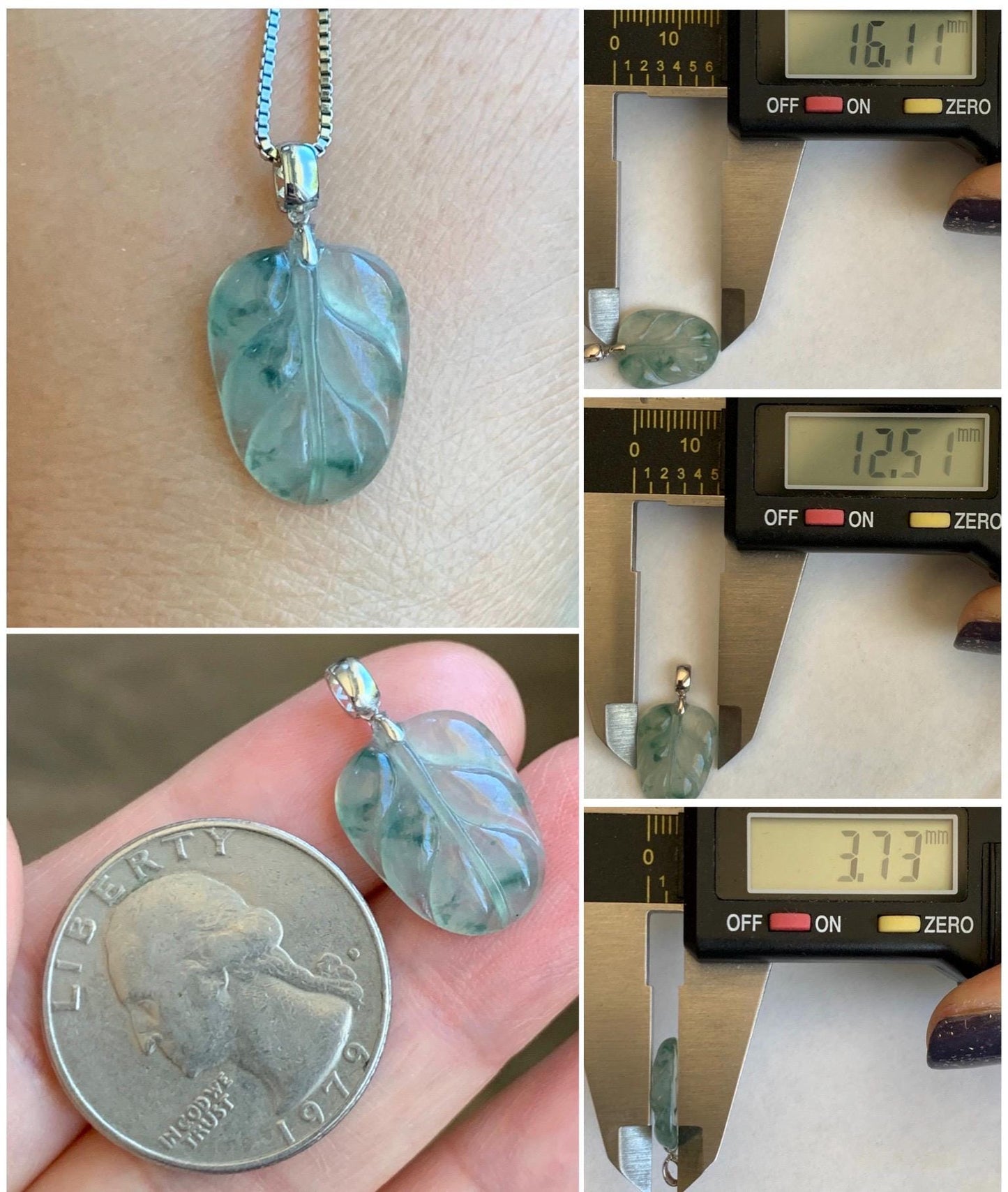Natural Grade A Icy Highly Translucent Light Green Marbled Jade Jadeite Carved Leaf Petite Pendant 18K White Gold 天然冰起光飘花翡翠叶子镶嵌小吊坠 XPY154A