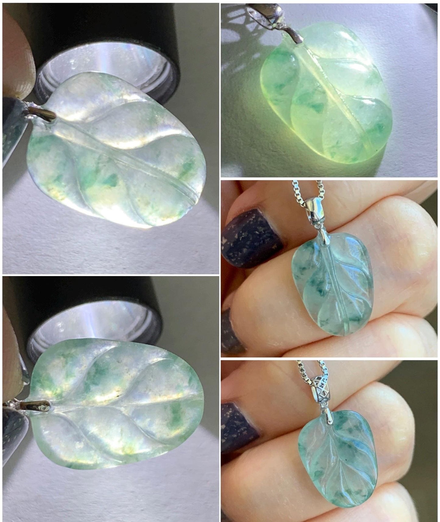 Natural Grade A Icy Highly Translucent Light Green Marbled Jade Jadeite Carved Leaf Petite Pendant 18K White Gold 天然冰起光飘花翡翠叶子镶嵌小吊坠 XPY154A