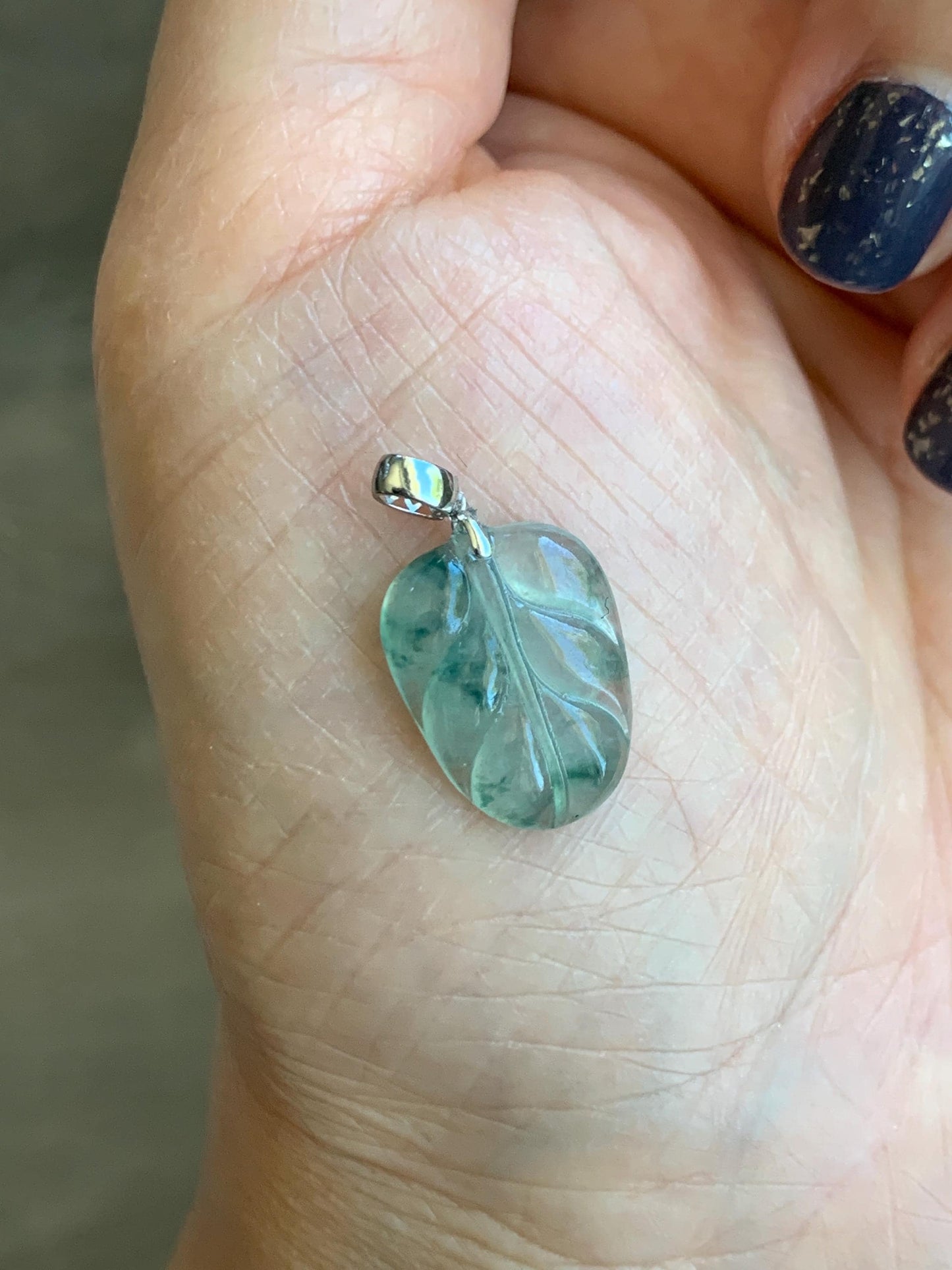 Natural Grade A Icy Highly Translucent Light Green Marbled Jade Jadeite Carved Leaf Petite Pendant 18K White Gold 天然冰起光飘花翡翠叶子镶嵌小吊坠 XPY154A