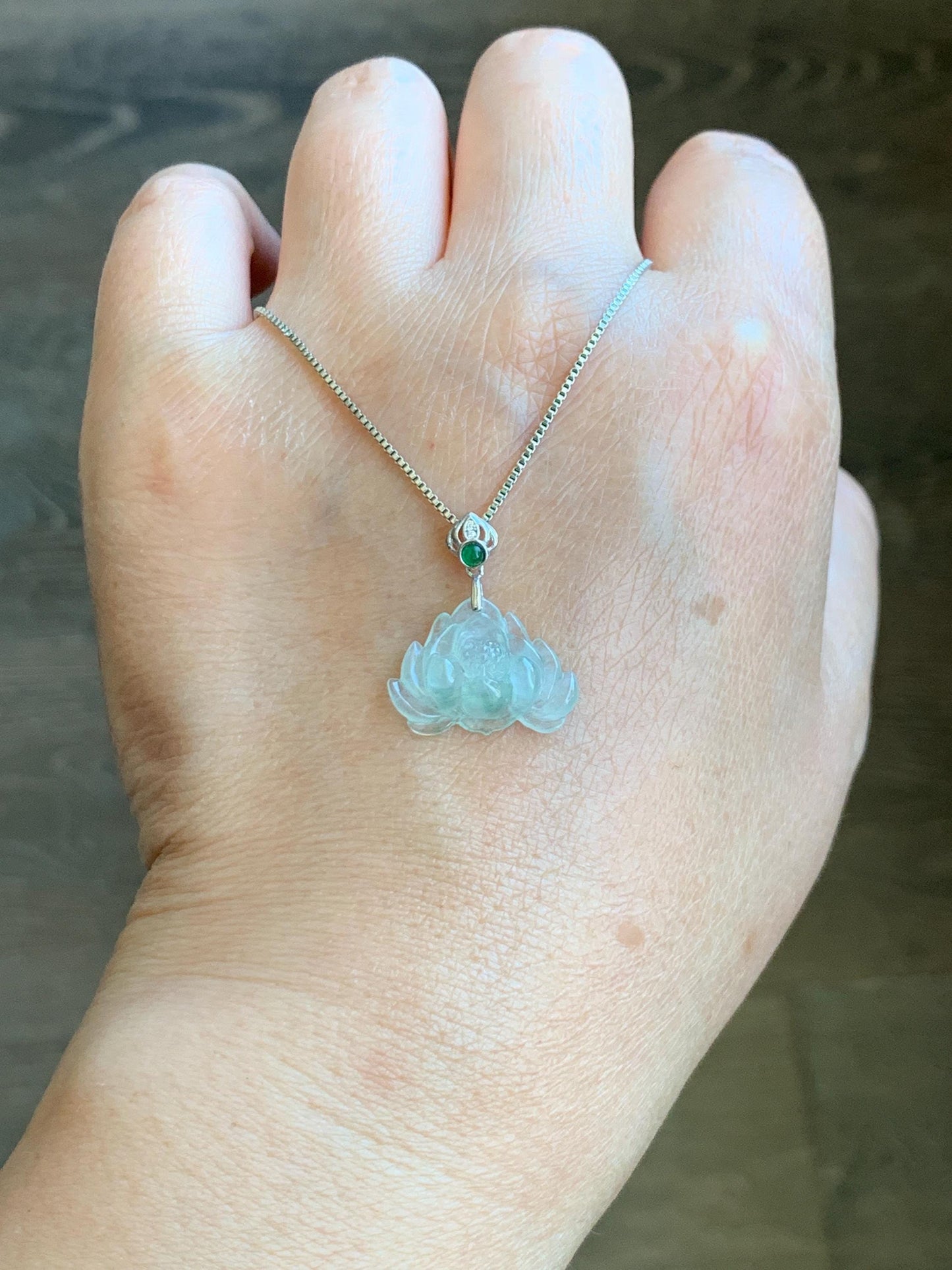 Natural Grade A Icy Highly Translucent Light Green Marbled Jade Jadeite Lotus Flower Petite Pendant Sterling Silver 天然冰晴飘花翡翠迷你莲花镶嵌吊坠 QPM165