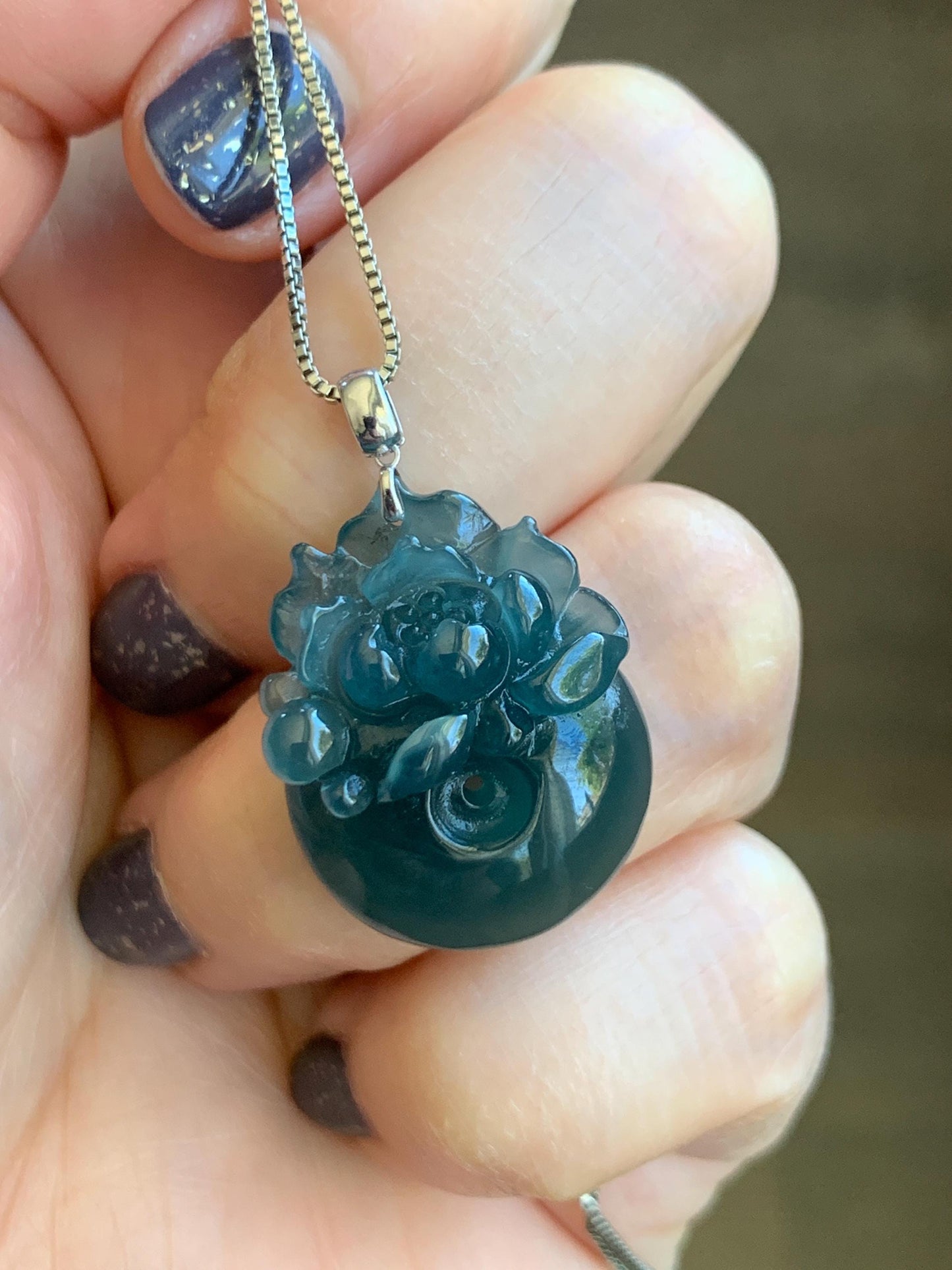 Natural Guatemalan Icy Translucent Deep Aegean Blue Jadeite Lotus Flower Ping An Kou Donut Pendant 18K White Gold 天然冰危深牛仔蓝翡翠莲花平安扣吊坠 NZLW150