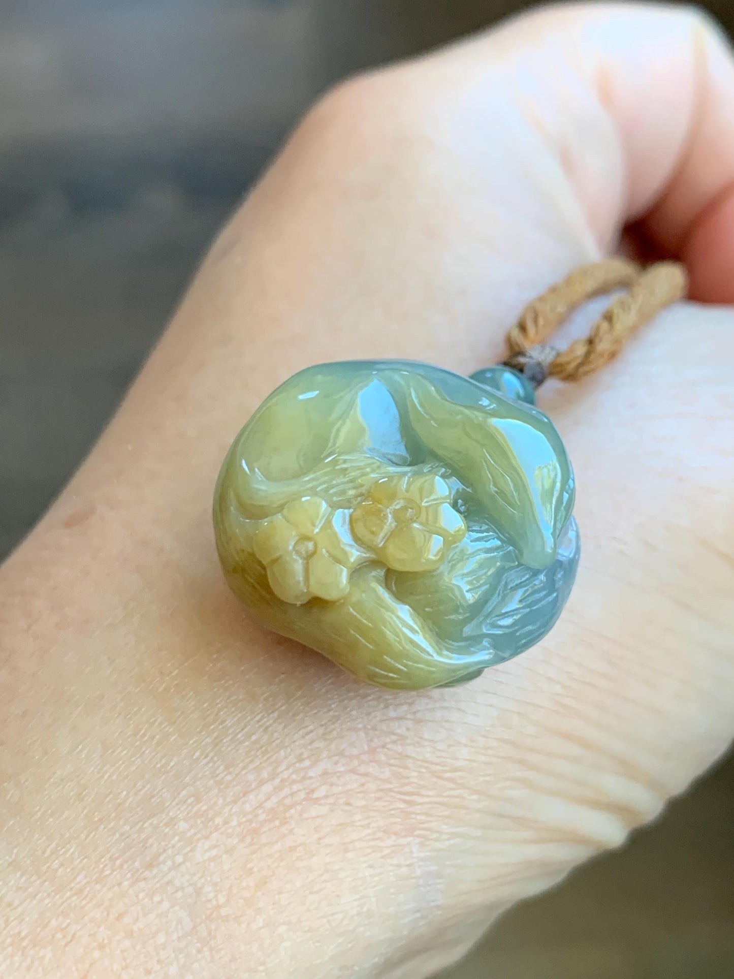 Natural Grade A Icy Translucent Dusty Blue Yellow Bicolored Jadeite Carved Nine-Tailed Fox Pendant Rope Necklace 26” 天然冰蓝加黄翡翠九尾狐梅花吊坠项链 JWWA